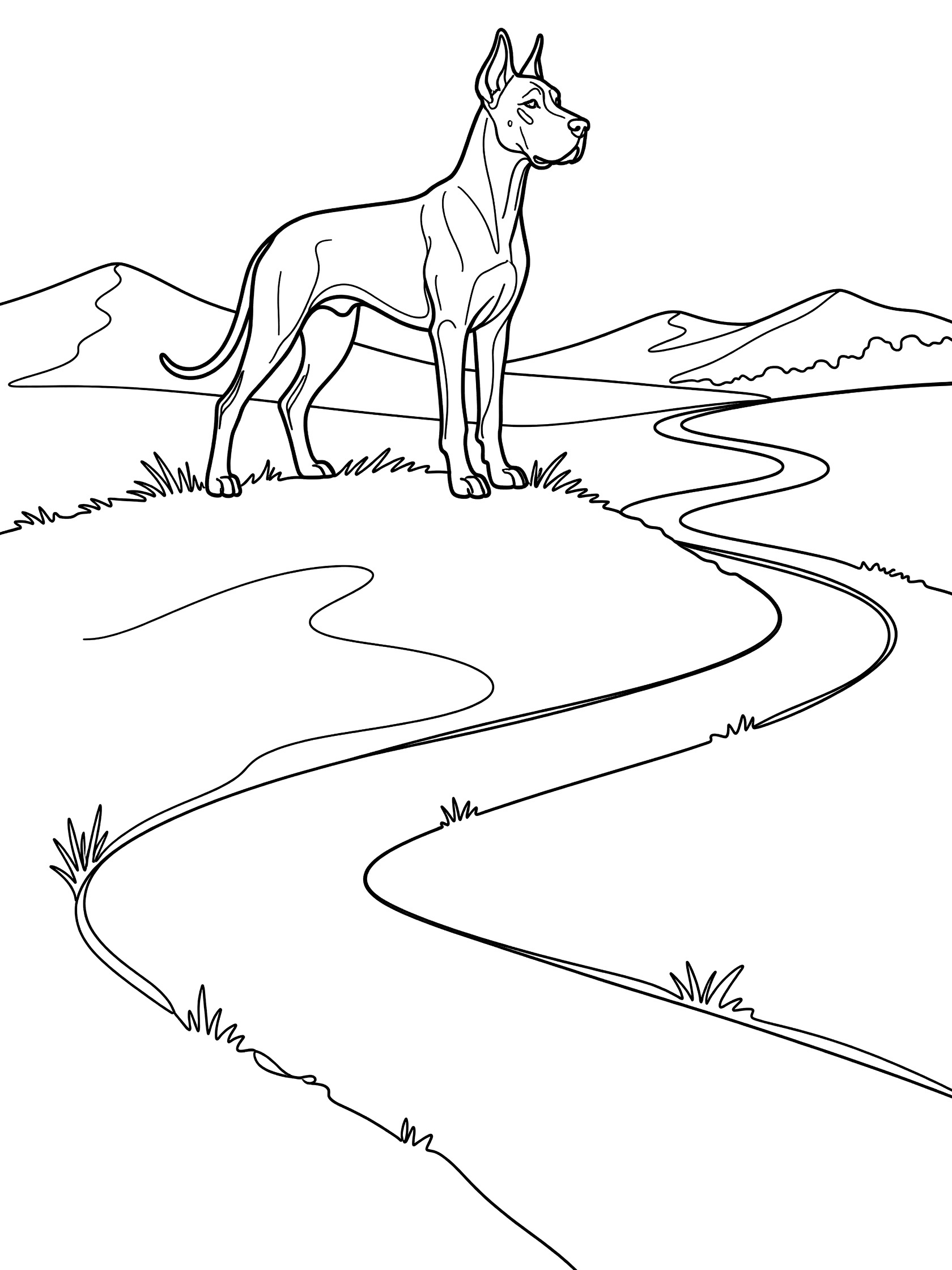 Black and white coloring page of a large Great Dane dog with perked ears standing on a hilltop, looking at distant mountains and a curving path with river below