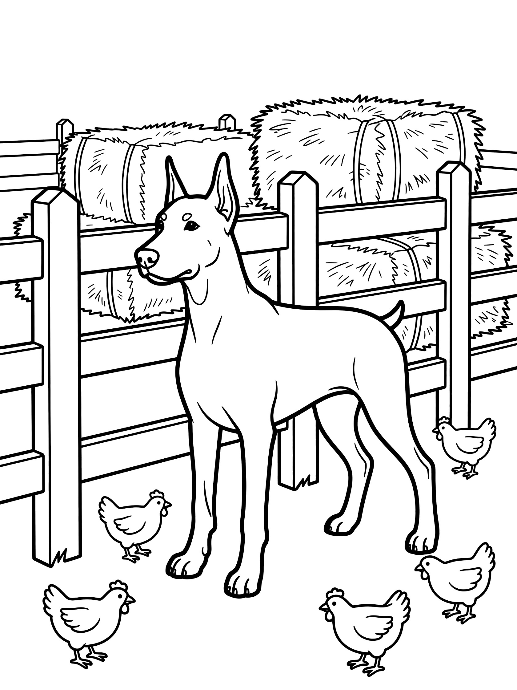 Line art coloring page showing a Great Dane dog alert by wooden fence, stacked hay bales behind, and several chickens nearby on white background. Doberman Pinscher themed black and white printable line art