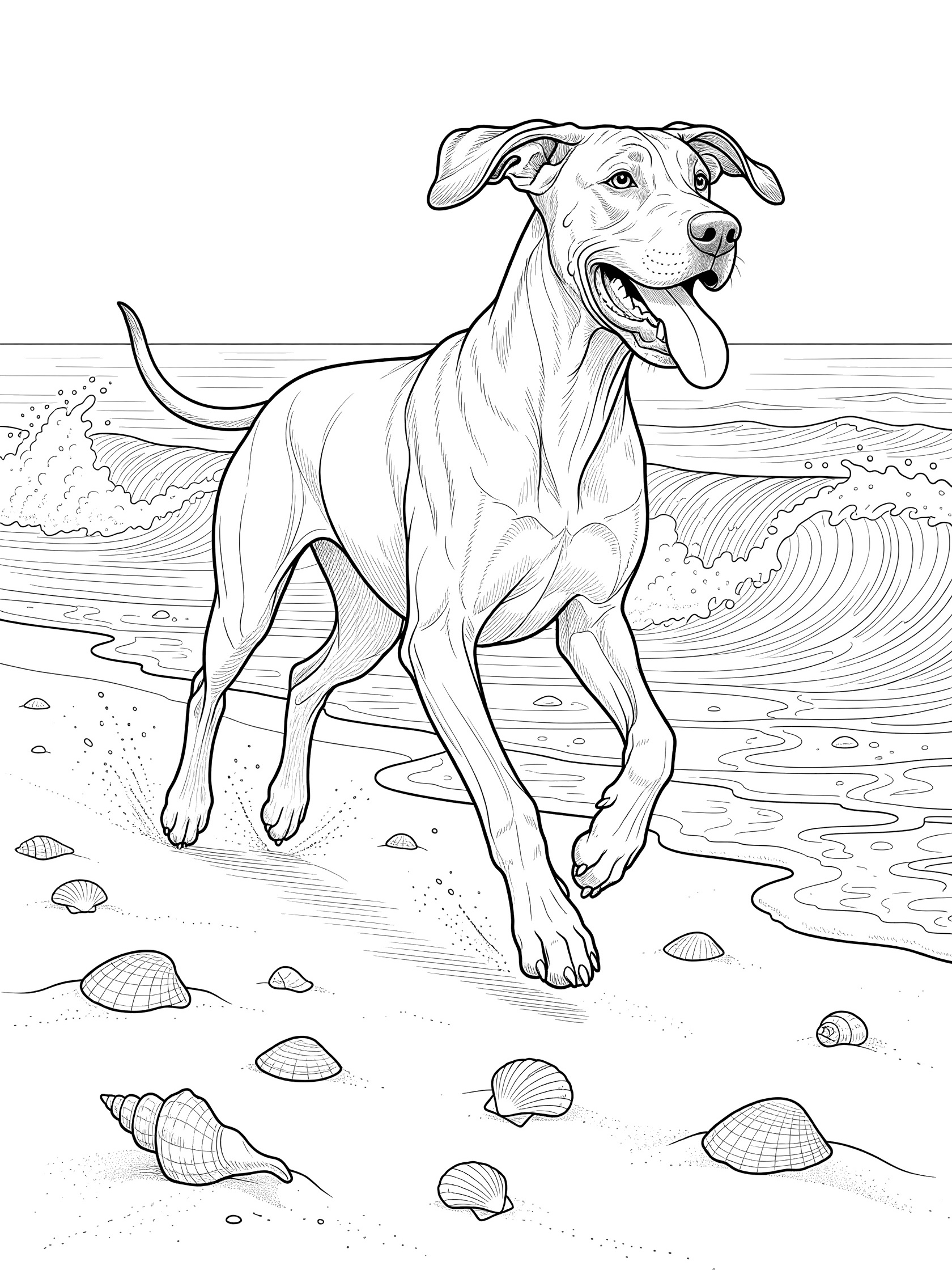 Black and white line art coloring page showing a large Great Dane dog with tongue out running on sandy beach, waves in background, seashells on shore.