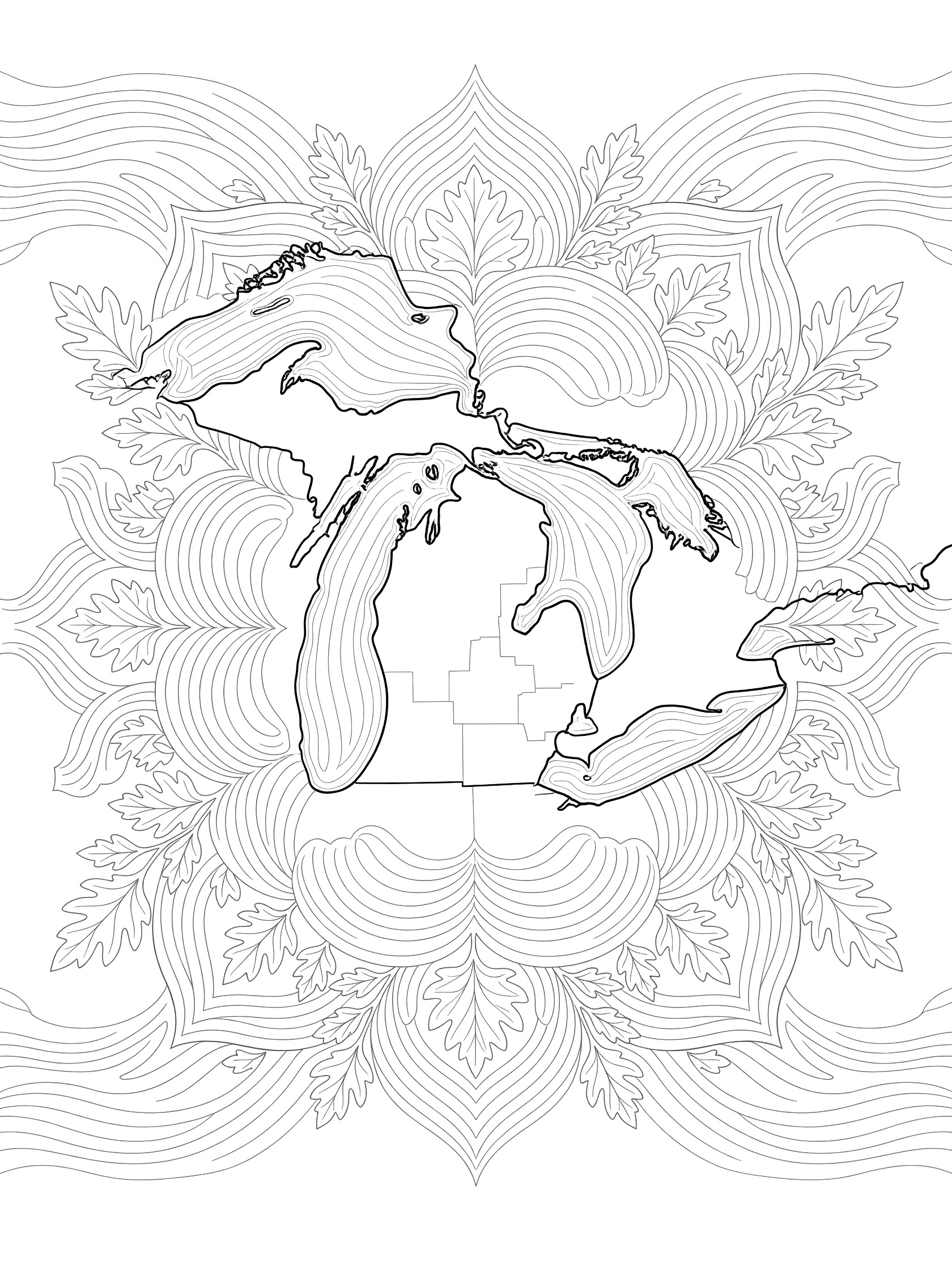 Black and white coloring page of The Great Lakes outline map with wave patterns and leaf motifs in mandala style
