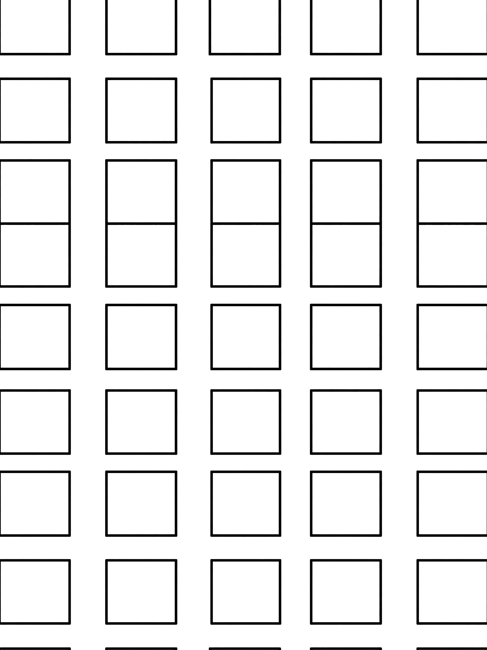 Black and white printable coloring page showing a repeating grid pattern of evenly spaced squares with bold black outlines on a pure white background