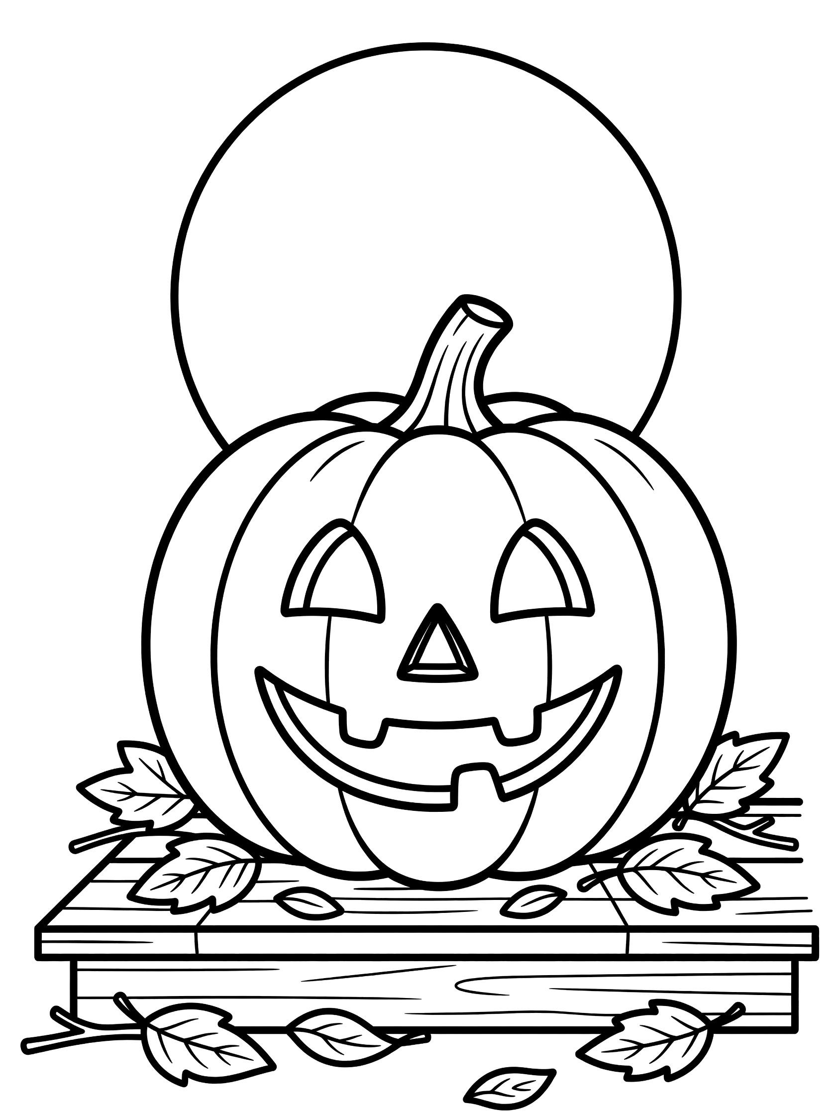 Black and white line art of a jack-o-lantern with carved grin on porch steps under full moon, leaves and twigs around base