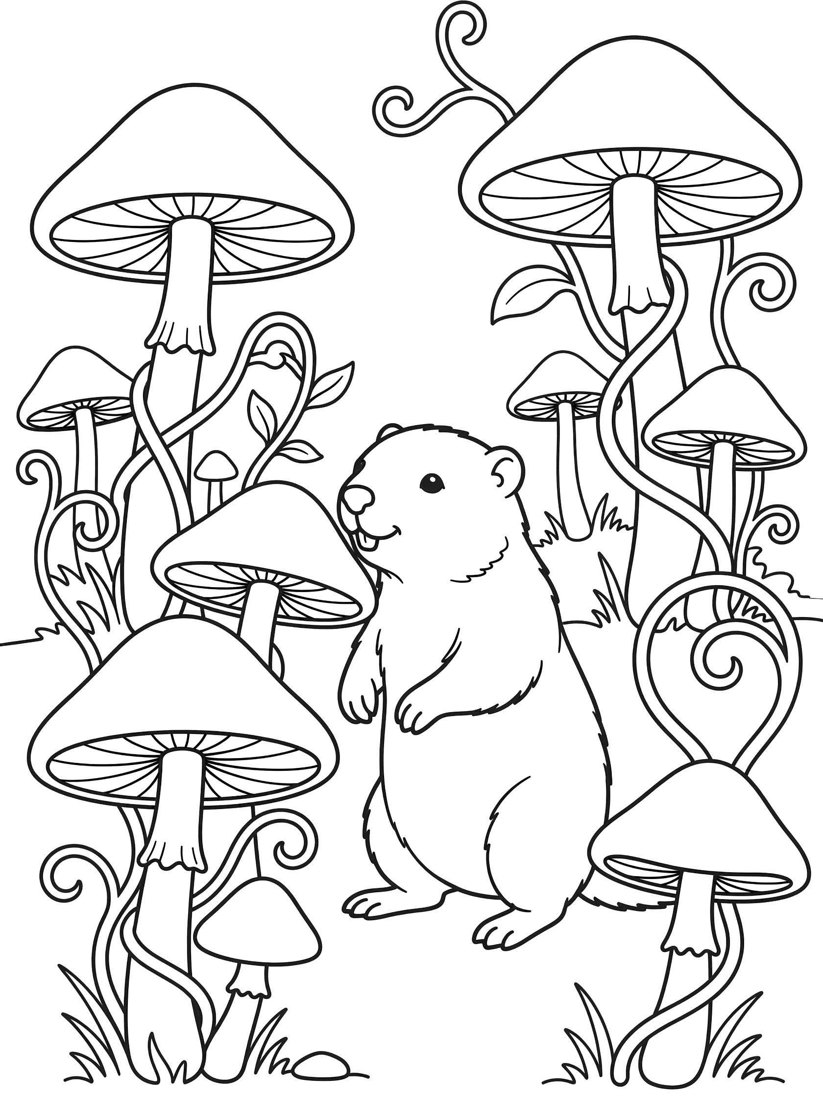 Black and white line art coloring page showing a groundhog among large mushrooms with vines in a forest glade. Woodchuck themed black and white printable line art