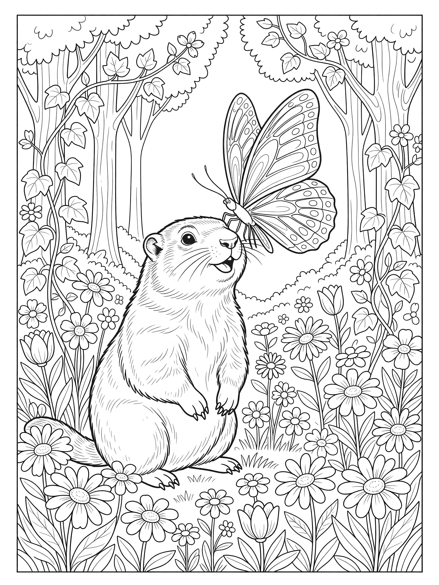 Black and white line art coloring page showing a groundhog sitting in a flower bed as a large butterfly lands on its nose, surrounded by forest vines, trees, and blooms. Marmot themed black and white printable line art