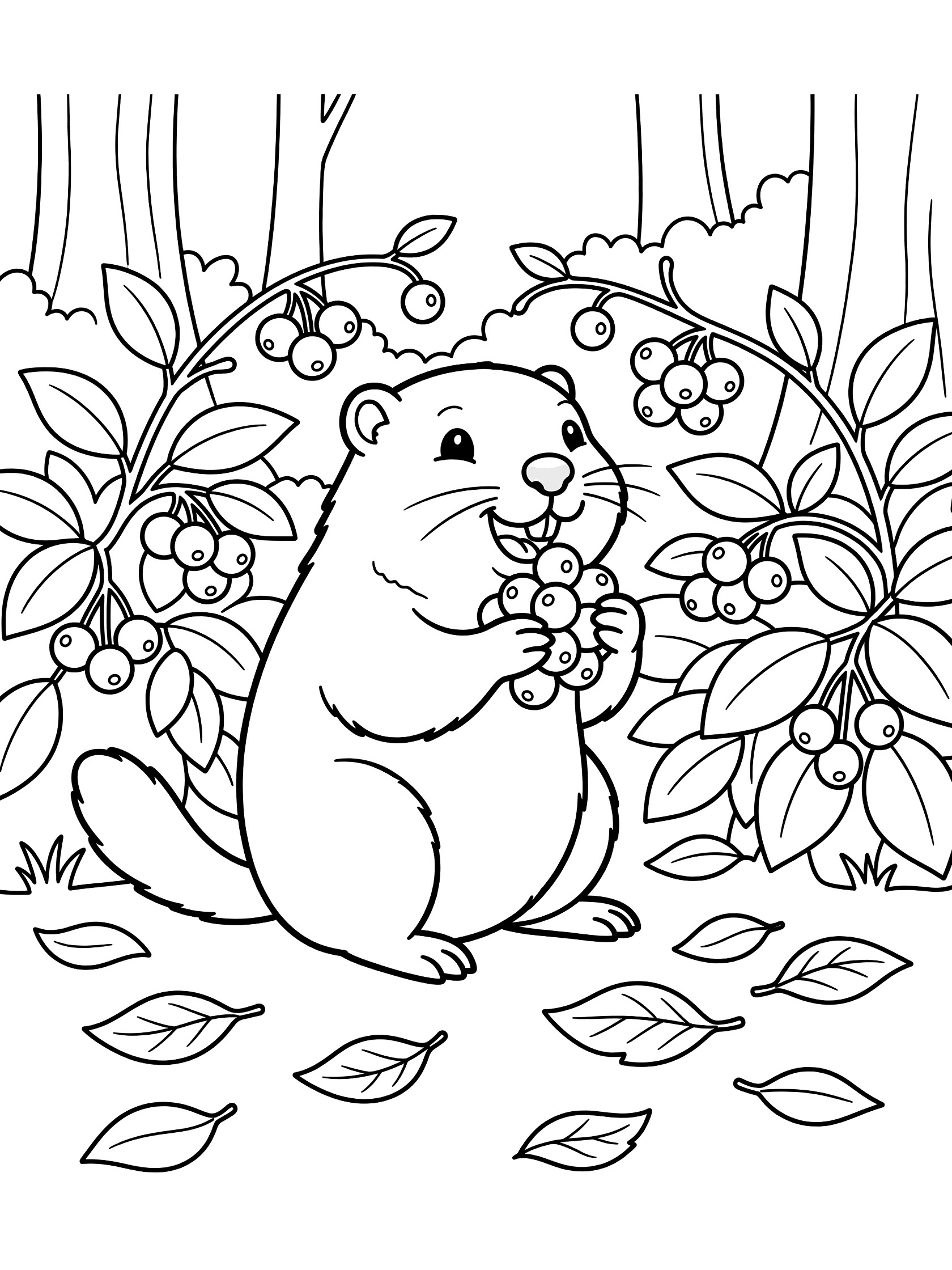 Black and white line art coloring page showing a groundhog sitting and eating berries from a bush surrounded by leaves and vines in a woodland setting. Woodchuck themed black and white printable line art
