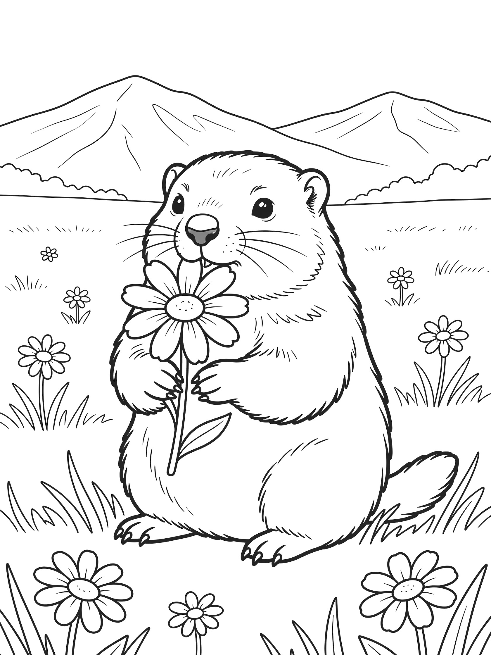 Black and white line art coloring page showing a chubby groundhog sitting upright eating a large daisy, surrounded by grass, small daisies, and distant mountains. Marmot themed black and white printable line art
