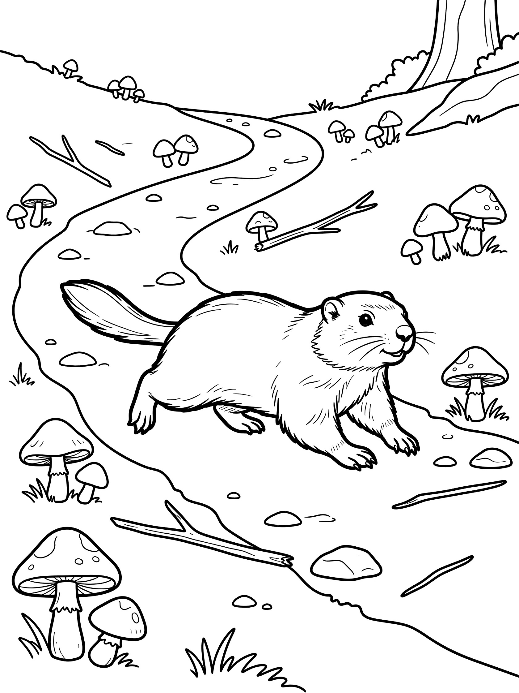 Black and white line art coloring page showing a groundhog with bushy tail running across a winding forest path lined with mushrooms, twigs, and a tree in the background. Woodchuck themed black and white printable line art