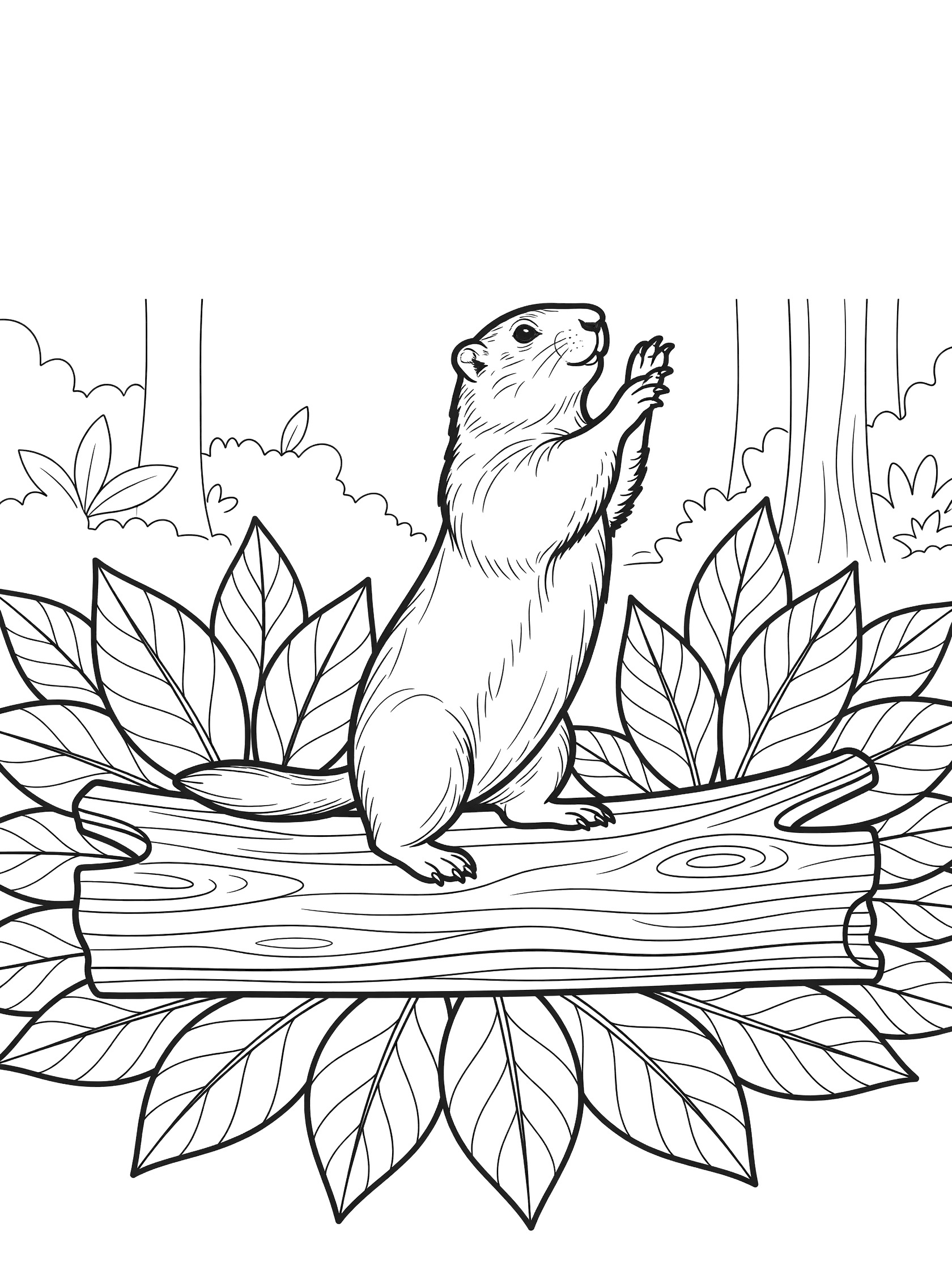 Black and white line art coloring page showing a groundhog standing on its hind legs on a log, front paws raised, surrounded by large leaves and simple trees. Marmot themed black and white printable line art