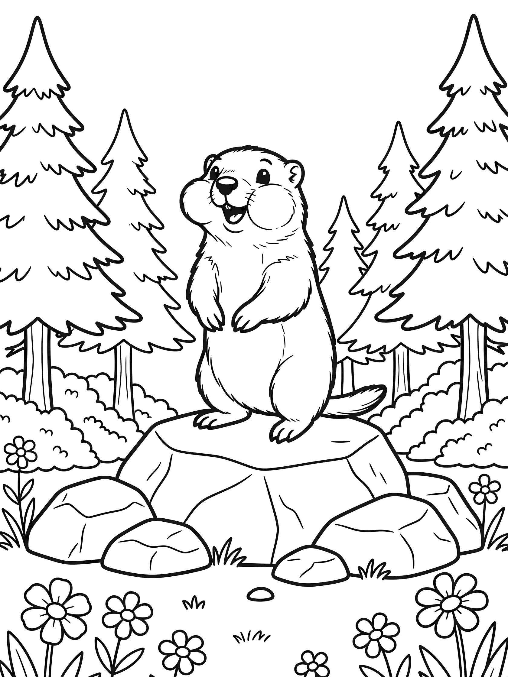Black and white line art coloring page showing a groundhog standing on hind legs on a rock in a forest with pine trees and flowers. Woodchuck themed black and white printable line art