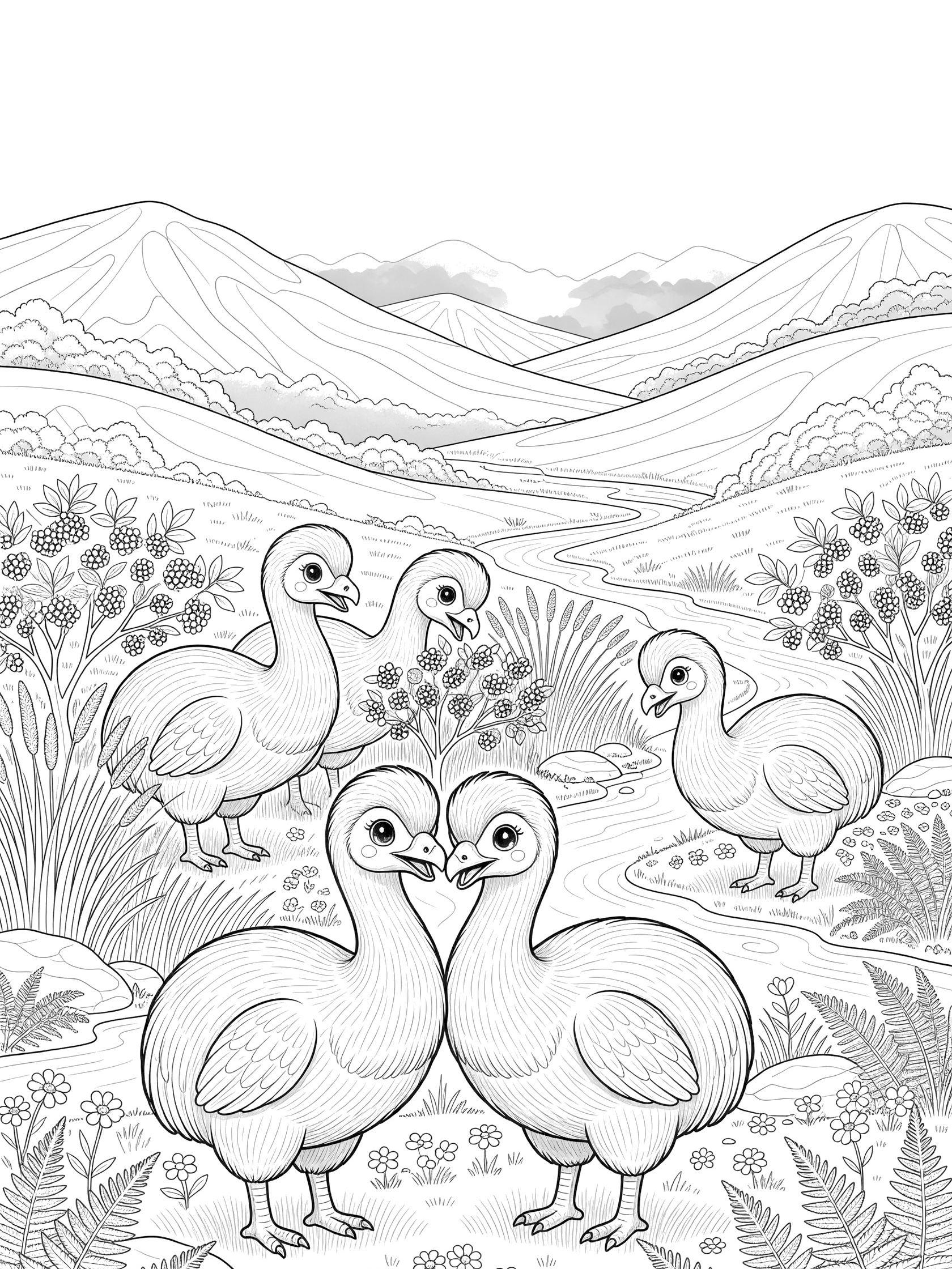 Black-and-white coloring page of five tall moa birds with big eyes nuzzling and exploring in a valley with mountains, stream, bushes, and grasses.