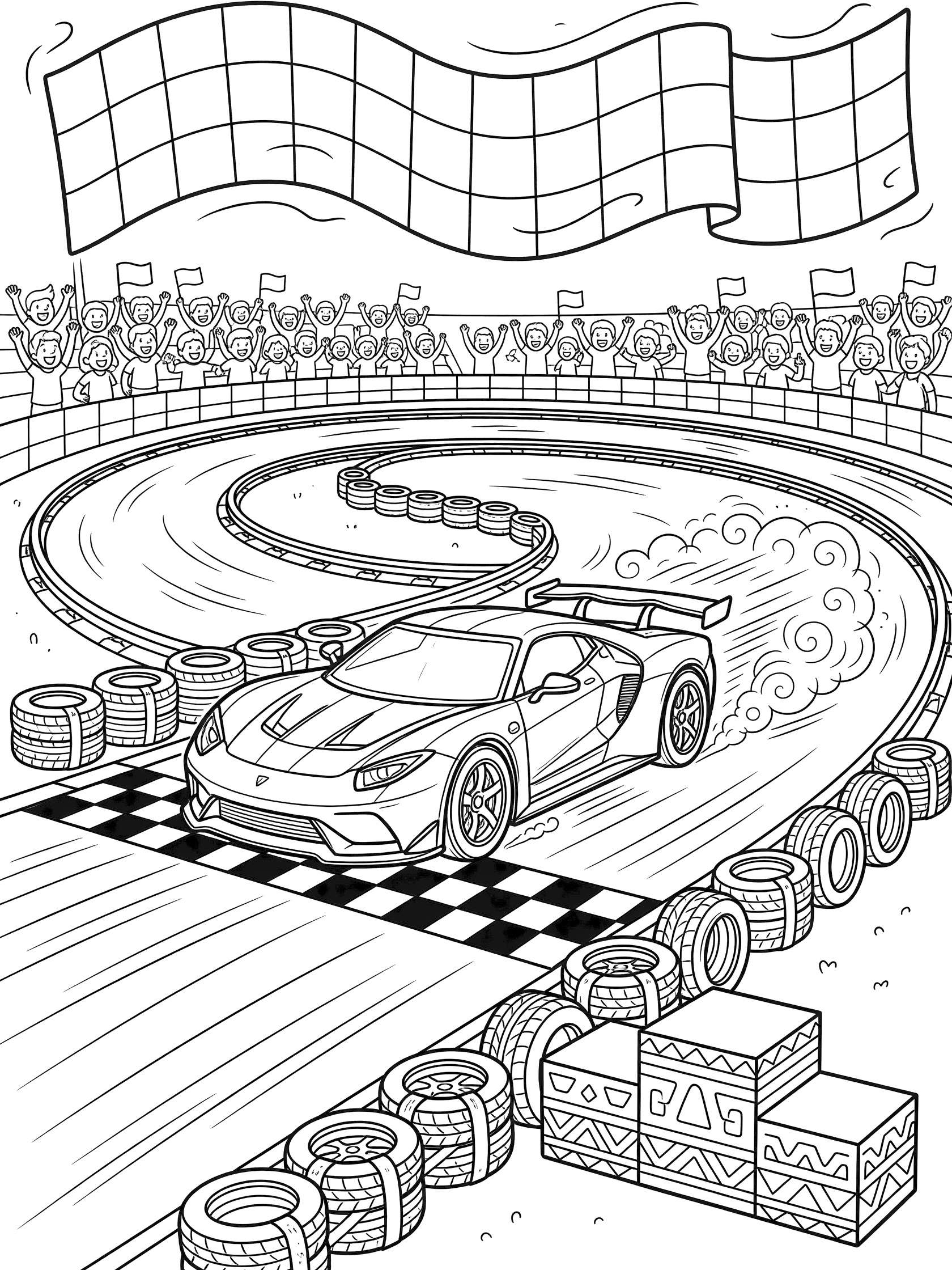 Black-and-white line art of a GT car racing across checkered finish line, with checkered flag banner, cheering crowds in grandstands, tire barriers, and dust swirls.