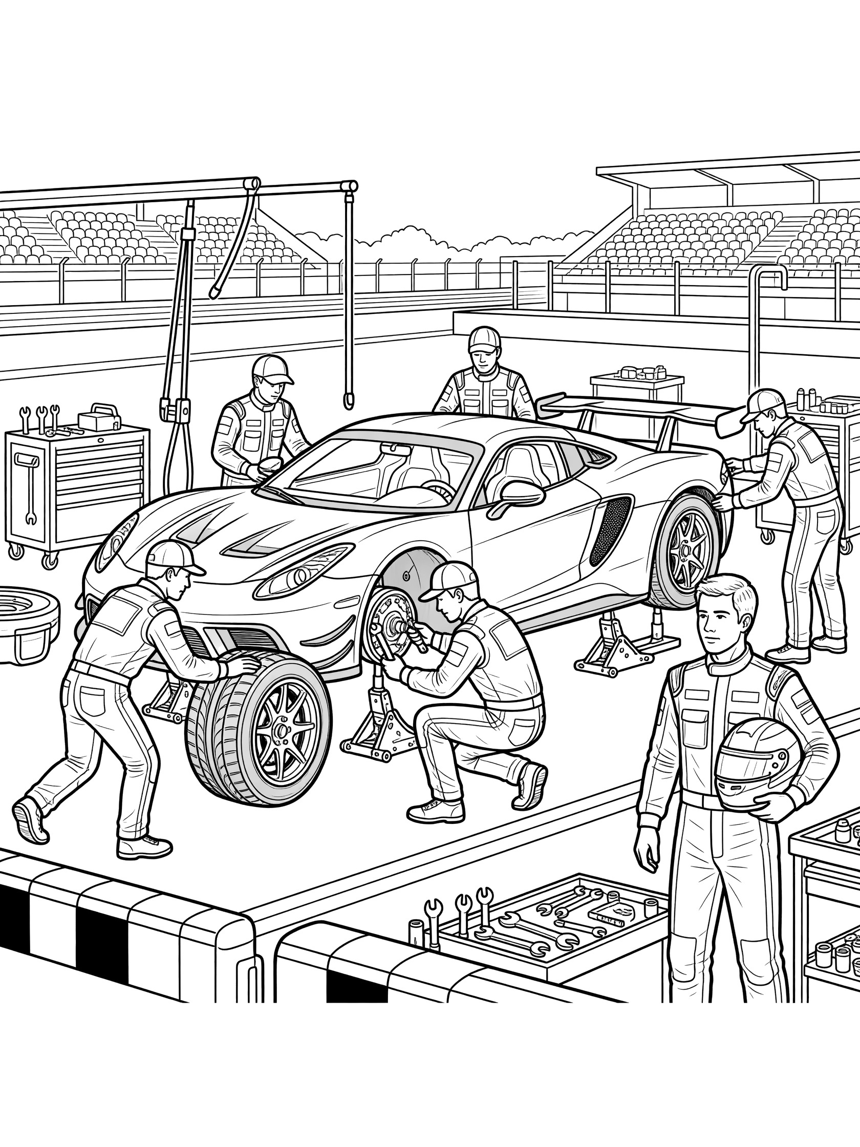 Black and white line art of a GT car on jacks during a pit stop, mechanics rolling new tire and tightening lug nuts, driver holding helmet nearby, pit lane and grandstands in background.