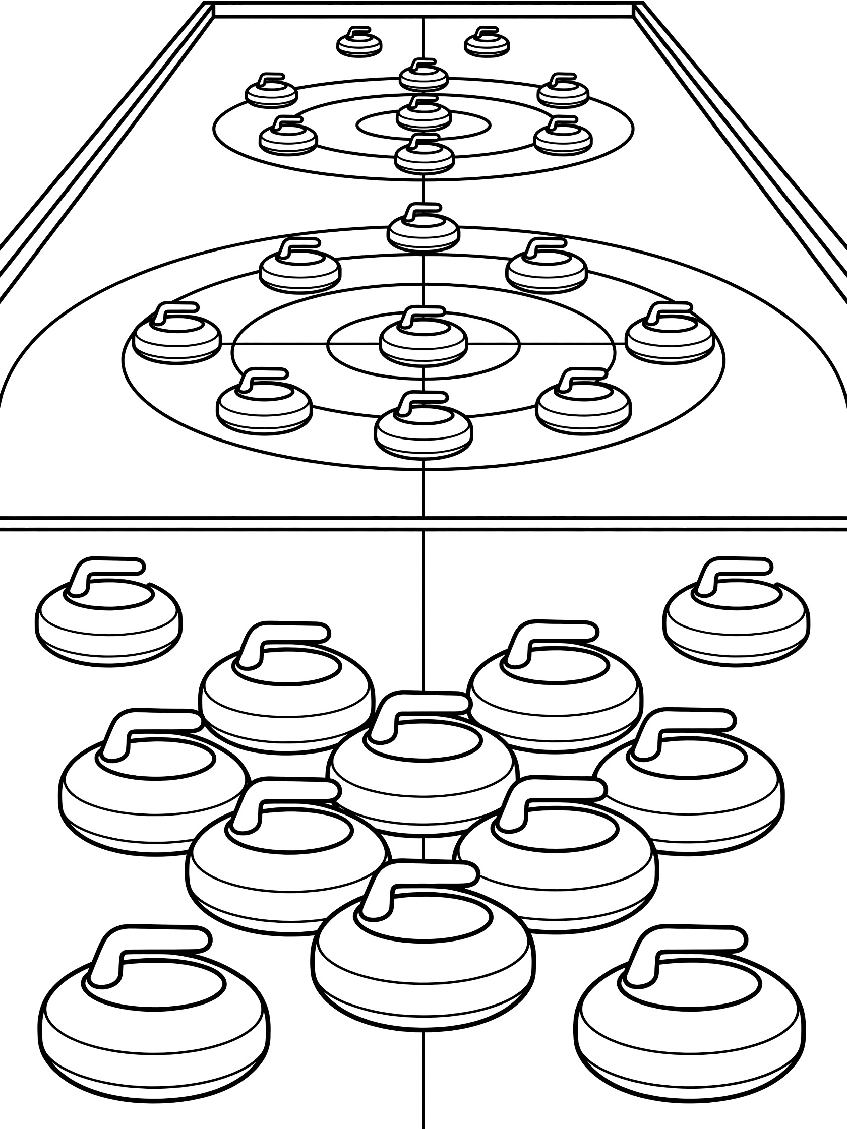 Curling house coloring page showing concentric circles with guarded button, outer guard stones, inner stones in rings, and hog line on ice rink