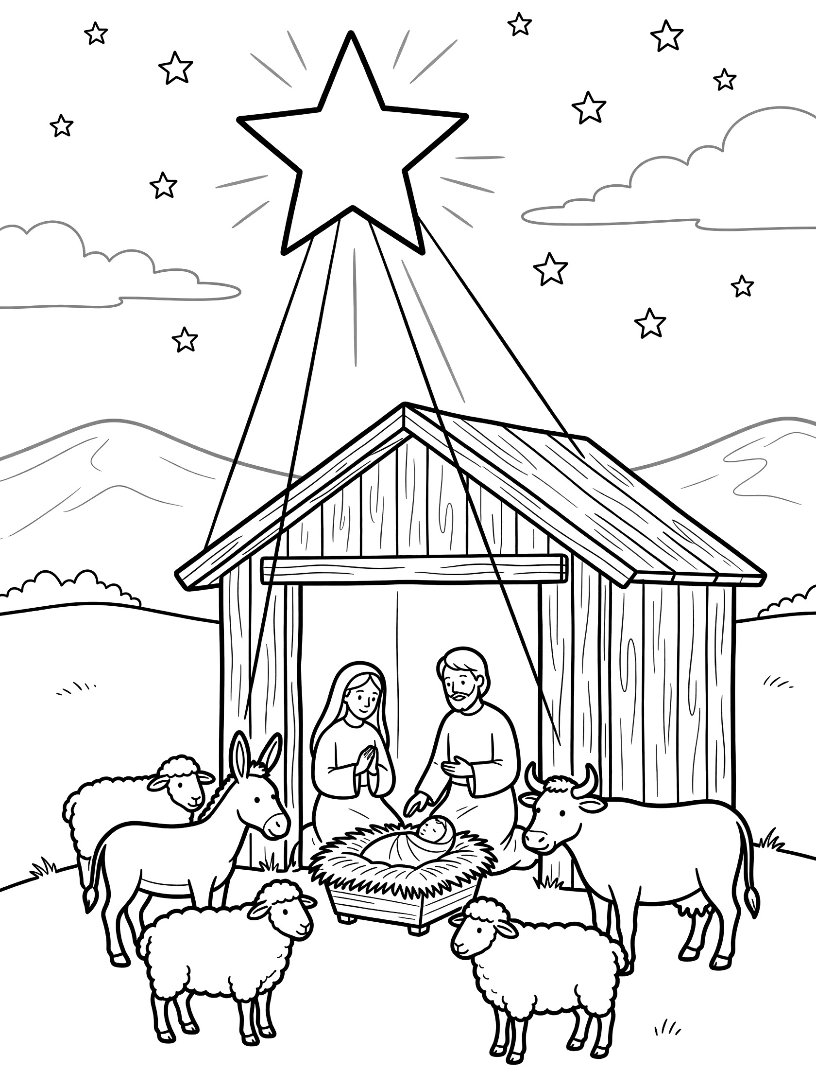 Line art coloring page showing a large radiant star above a wooden stable on a hillside, lighting up Mary and Joseph with baby Jesus in the manger, animals around, starry sky and hills.