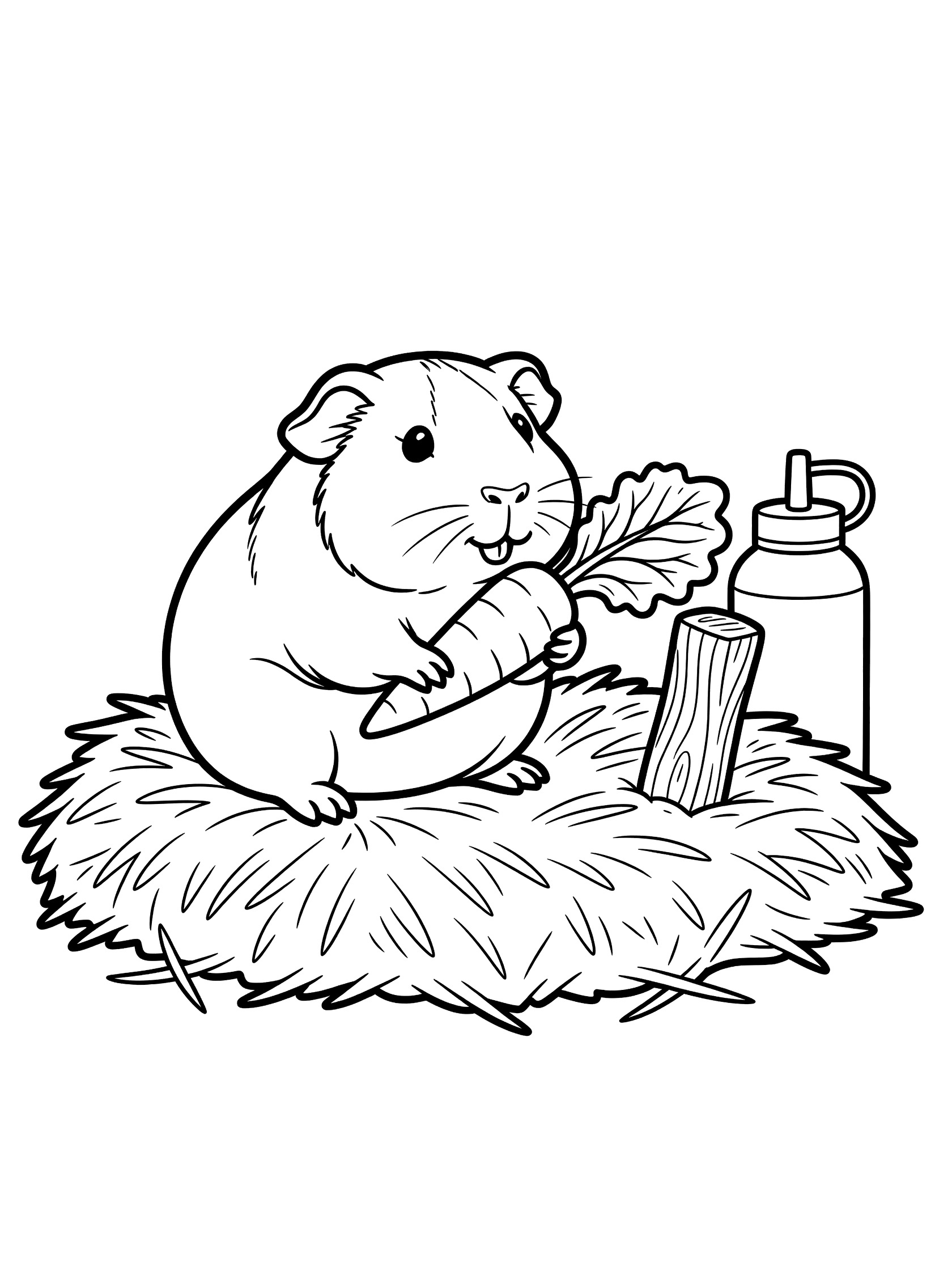 Black and white line art coloring page showing a chubby guinea pig sitting on hay, holding and eating a big carrot, with lettuce leaf, wooden chew toy, and water bottle nearby.