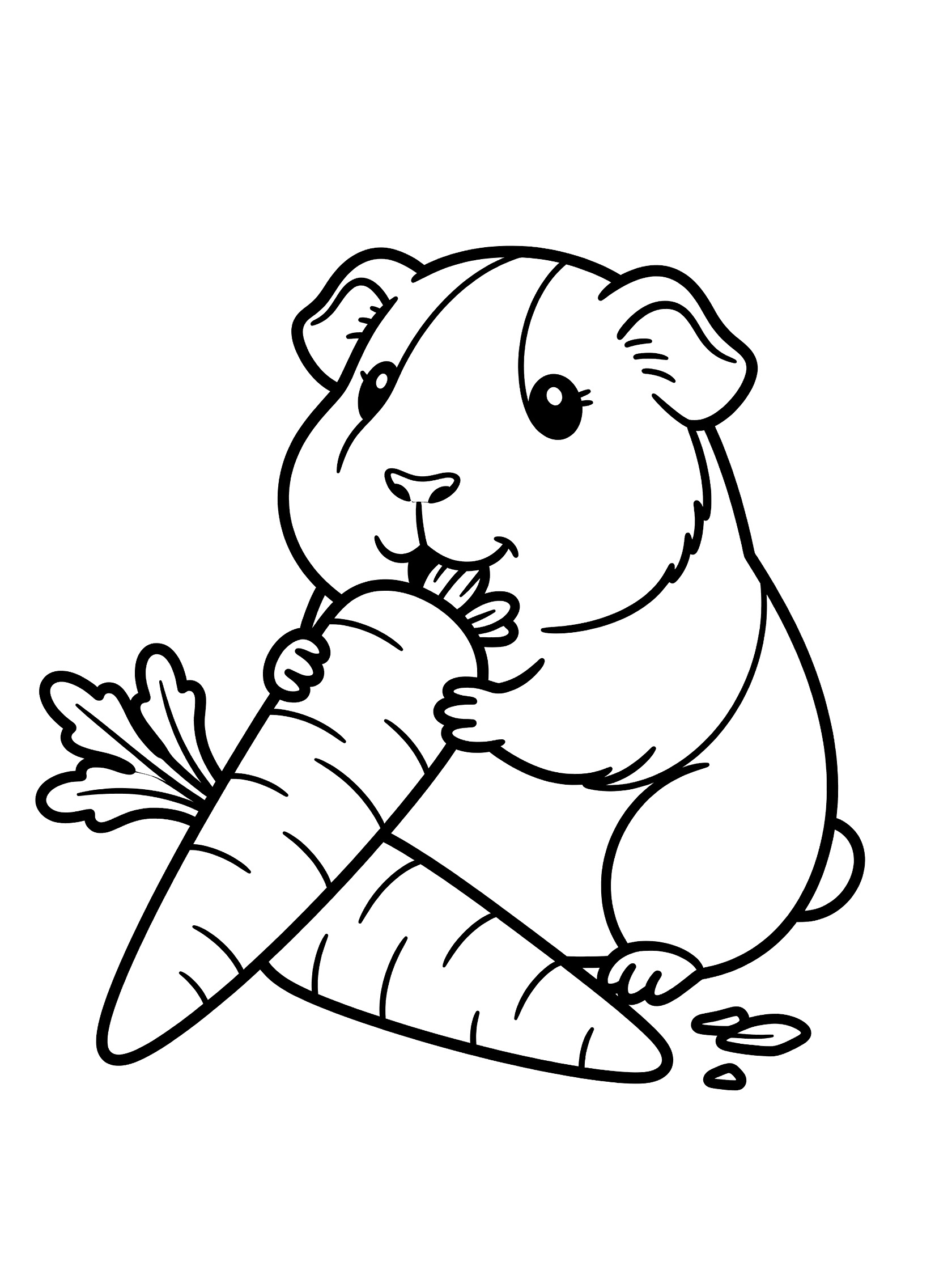 Black and white coloring page of a cartoon guinea pig sitting up eating a large carrot with green leaves and small carrot bits around its paws. Guinea Pigs themed black and white printable line art