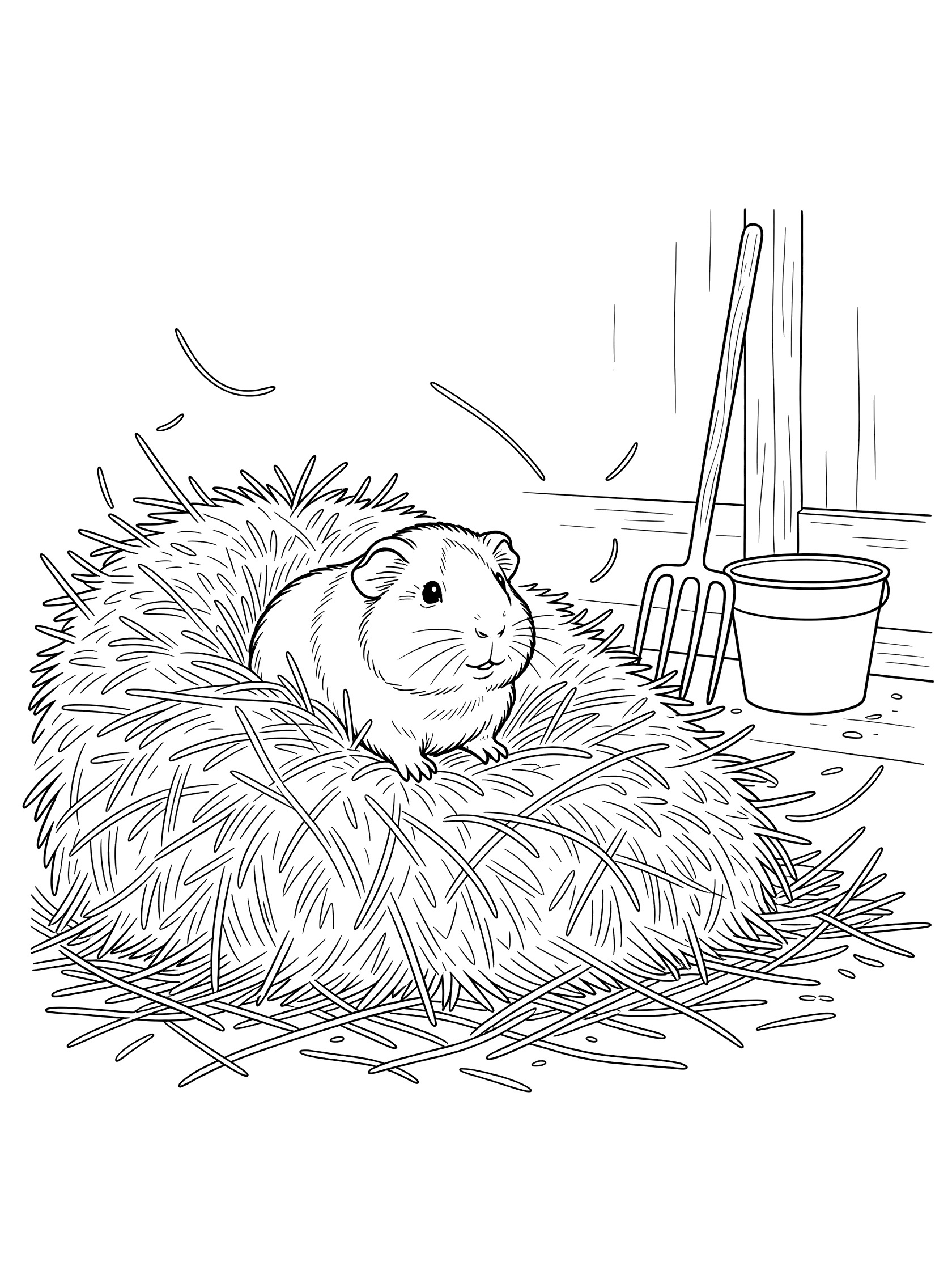 Black and white line art coloring page showing a guinea pig sitting in a pile of hay, with a pitchfork, bucket, and floating hay wisps nearby.