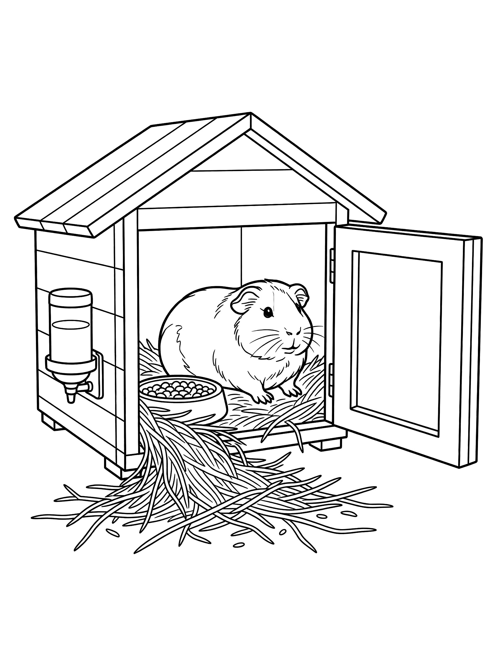 Black and white coloring page of a guinea pig sitting inside an open wooden hutch with spilling hay, food dish, and water bottle. Guinea Pigs themed black and white printable line art