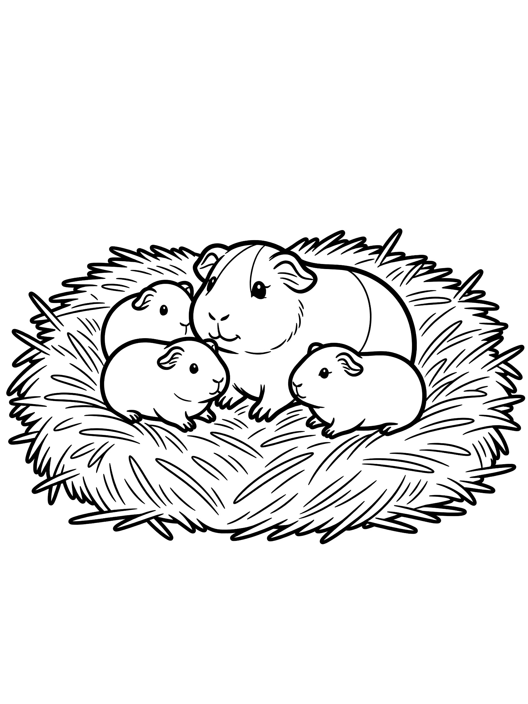 Black and white line art coloring page showing a mother guinea pig surrounded by three tiny guinea pig pups nestled in soft hay. Guinea Pigs themed black and white printable line art