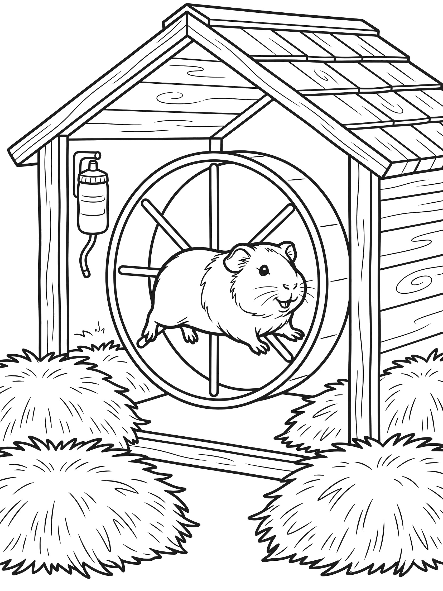 Black and white line art coloring page showing a guinea pig running happily on a large exercise wheel inside a wooden hutch, with hay scattered around and a water bottle attached nearby. Guinea Pigs themed black and white printable line art