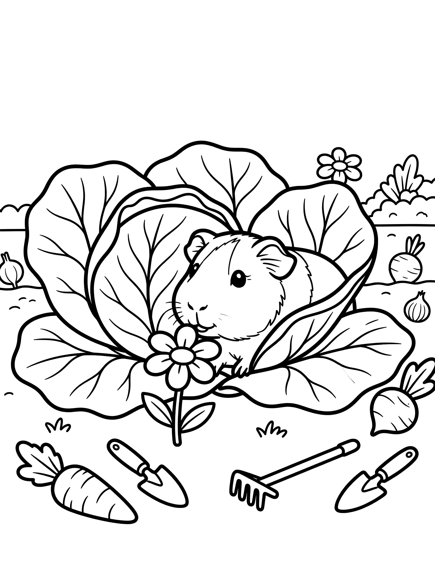 Printable coloring page showing a guinea pig hiding behind large cabbage leaves, sniffing a flower, with garden veggies like carrots, beets, onions, and tools like shovels and rakes. Guinea Pigs themed black and white printable line art