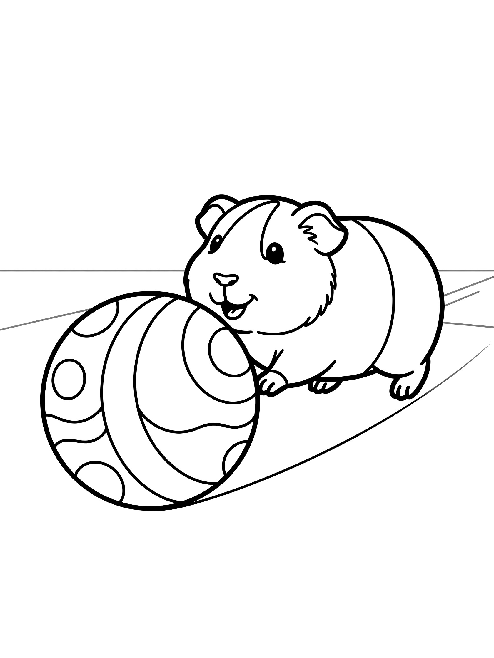 Black and white line art coloring page showing a cartoon guinea pig happily pushing a ball with fun patterns using its nose on the floor. Guinea Pigs themed black and white printable line art