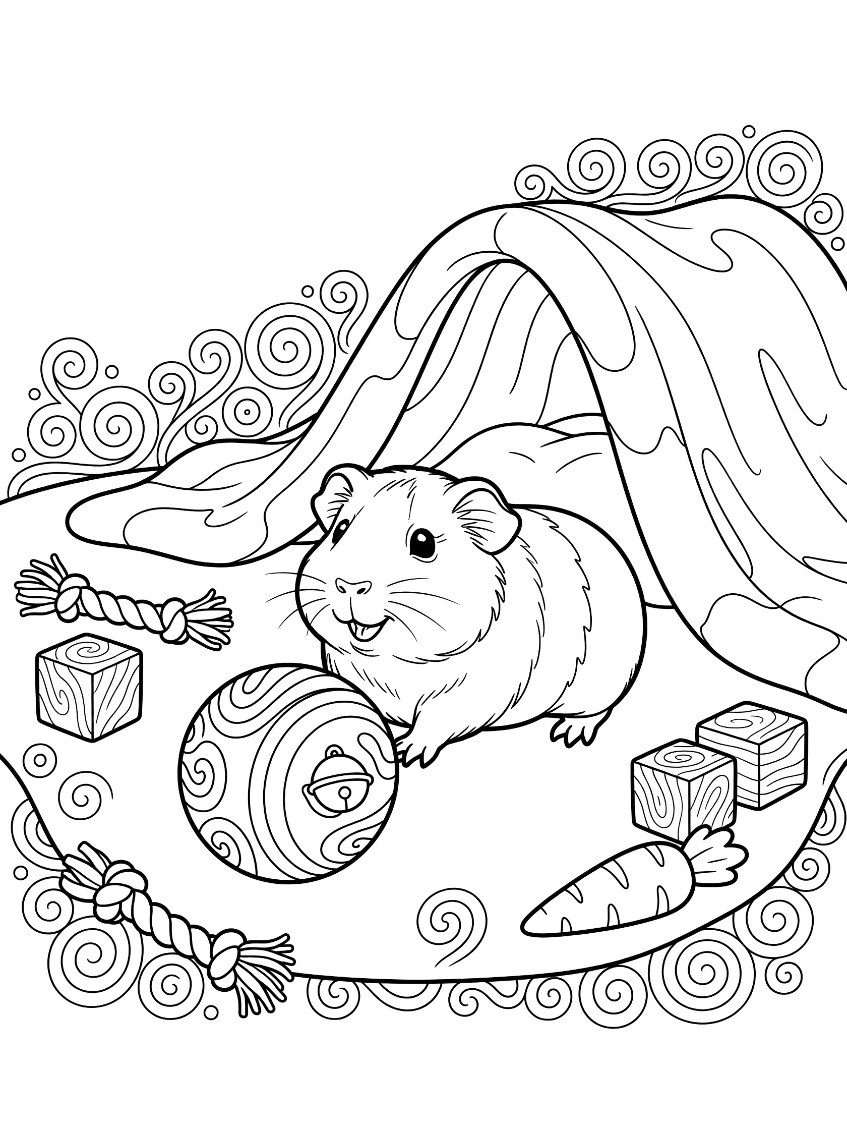 Black and white line art coloring page showing a guinea pig pushing a patterned ball, with wooden blocks, carrot, rope toy, and swirly blanket fort.