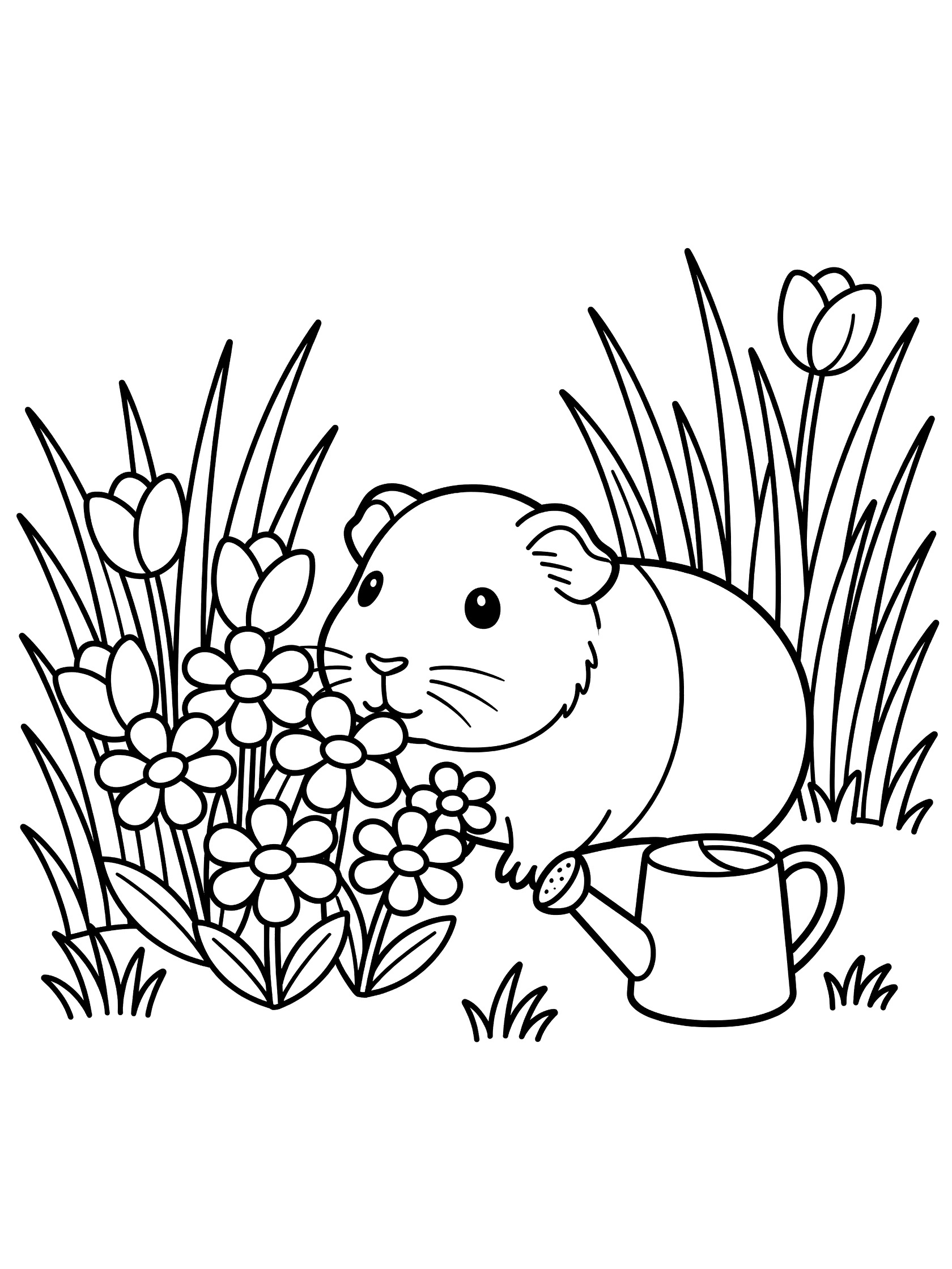 Black and white line art of a guinea pig sniffing a bunch of flowers, with tulips, tall grass blades, and a small watering can nearby.