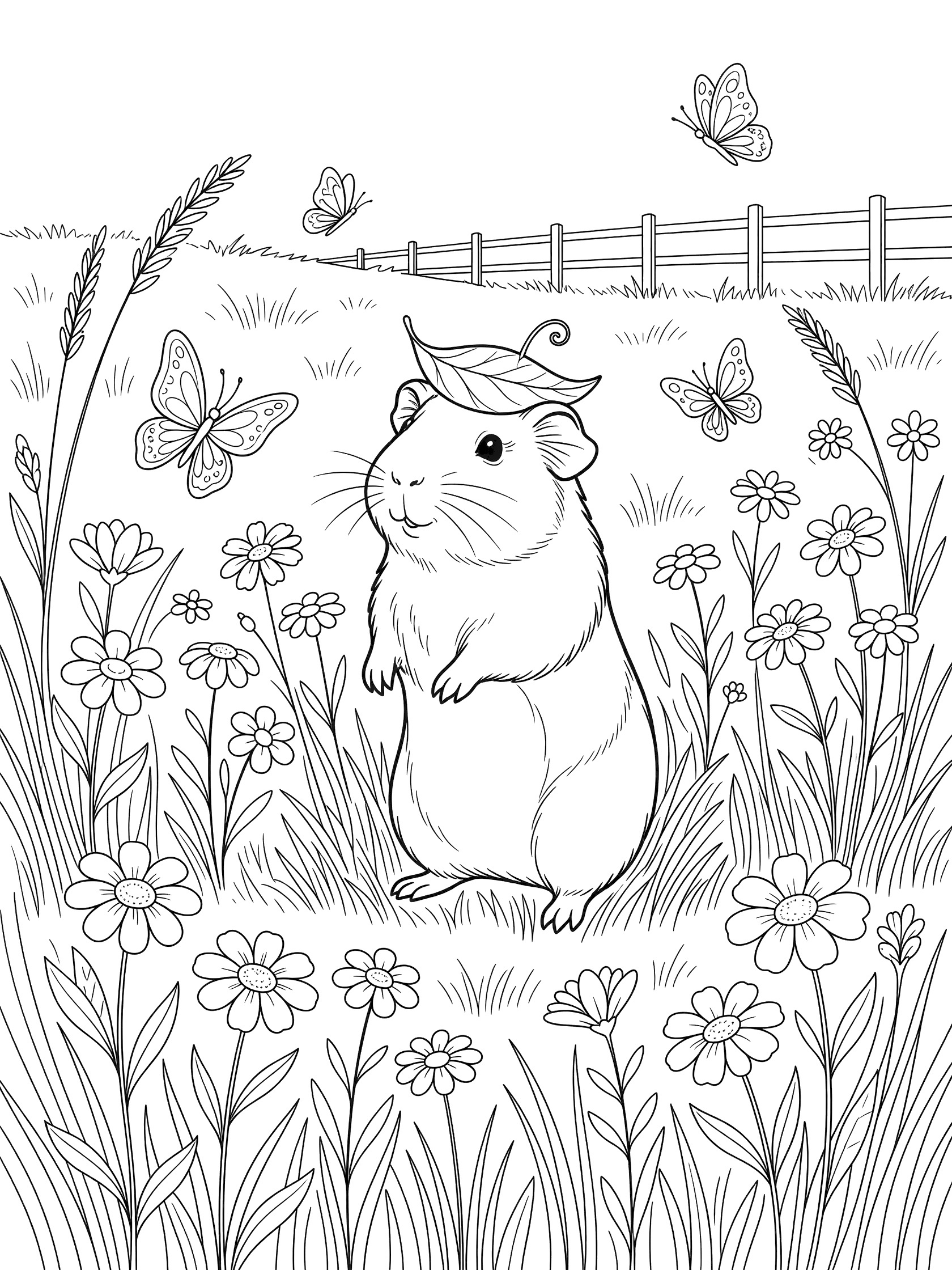 Black and white line art of a guinea pig with a leaf hat in a meadow of flowers, grass, butterflies and distant fence. Guinea Pigs themed black and white printable line art