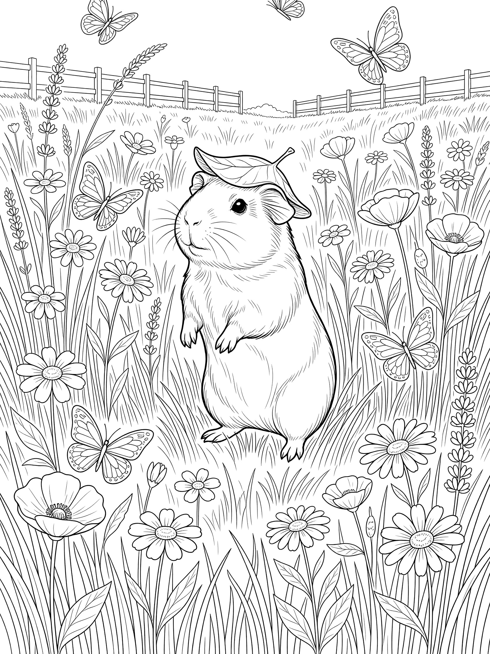 Black and white line art coloring page showing a guinea pig with a leaf hat in a meadow full of flowers, butterflies, grass, and a distant fence. Guinea Pigs themed black and white printable line art