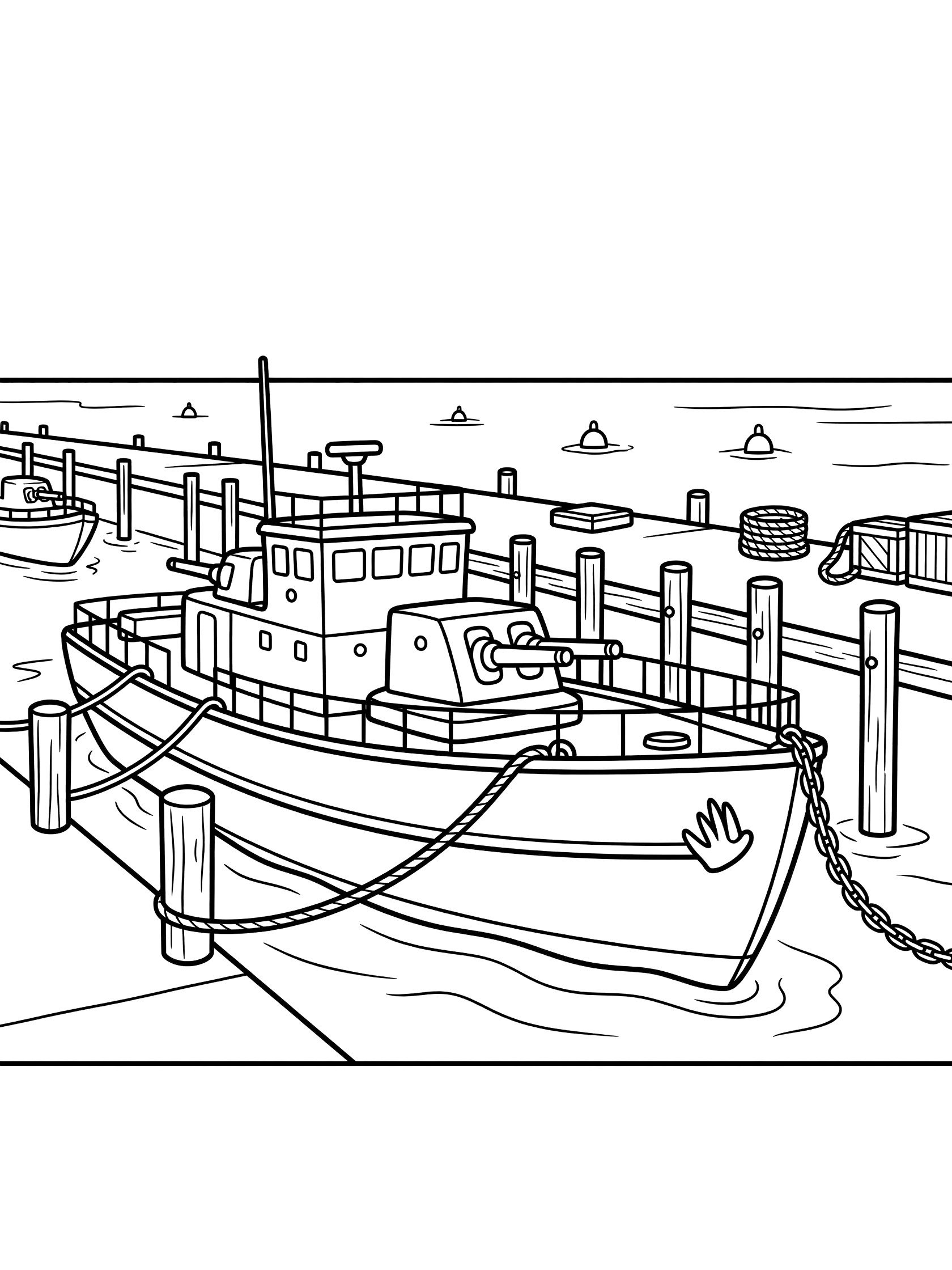 Black and white line art coloring page showing a military gunboat secured with ropes to wooden pier posts at a harbor, with deck guns, anchor chain, gentle waves, and distant buoys.
