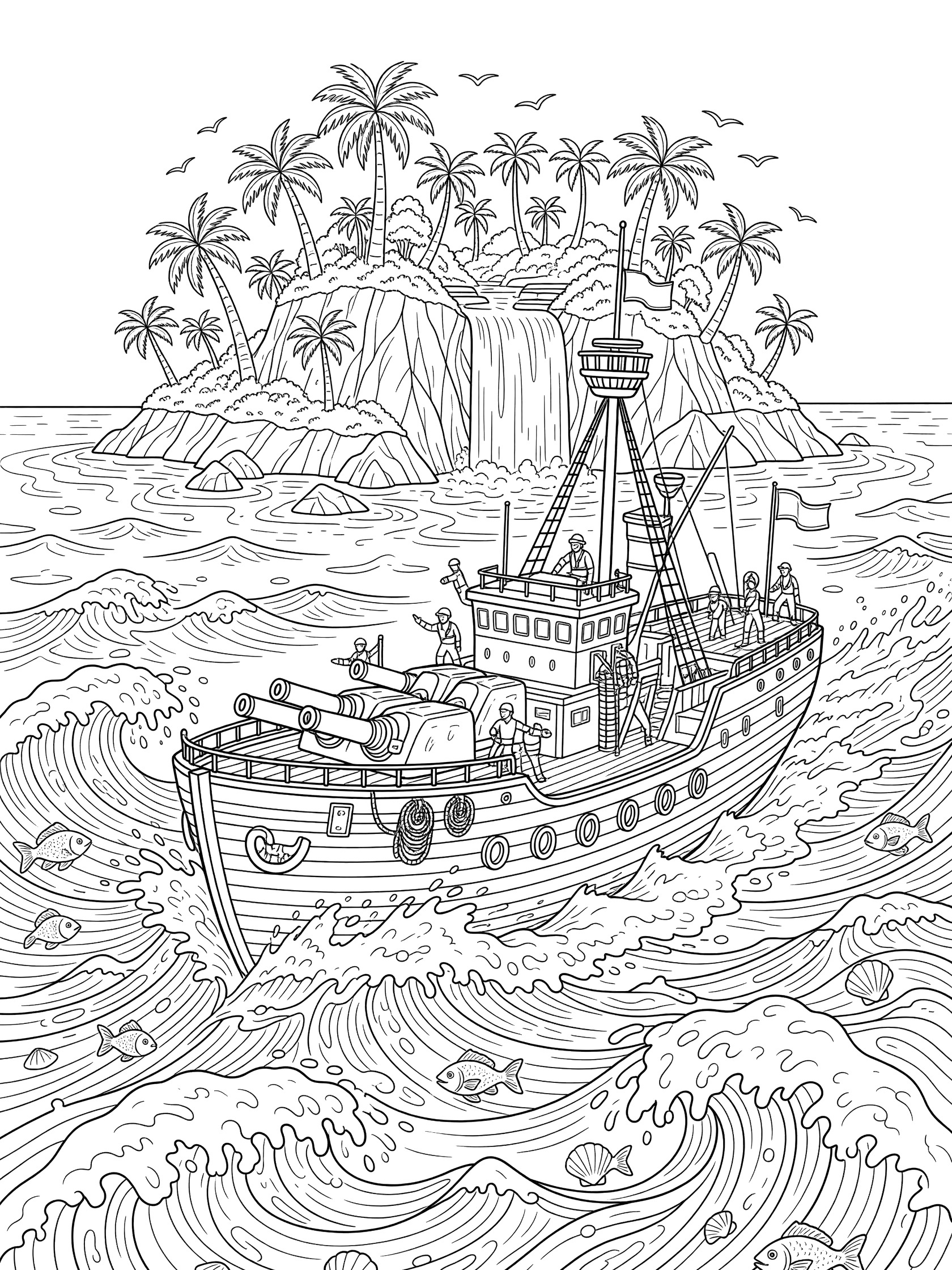 Black and white line art of a gunboat with cannons and flags approaching a lush island through choppy waves with fish and seashells.