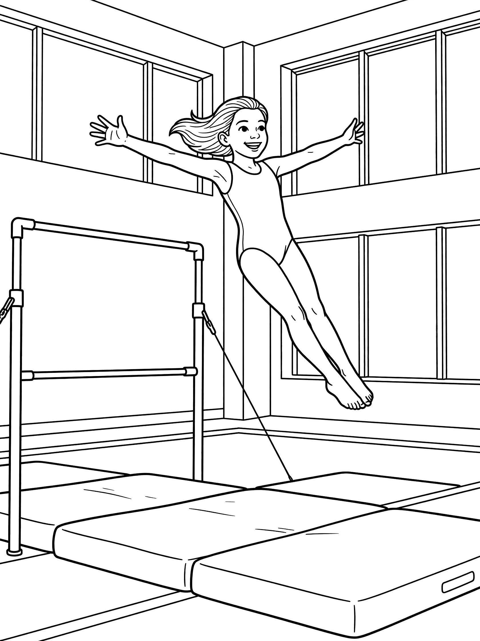 Black and white coloring page of gymnast in leotard doing back flip dismount from uneven bars in sunny gym with windows and landing mats