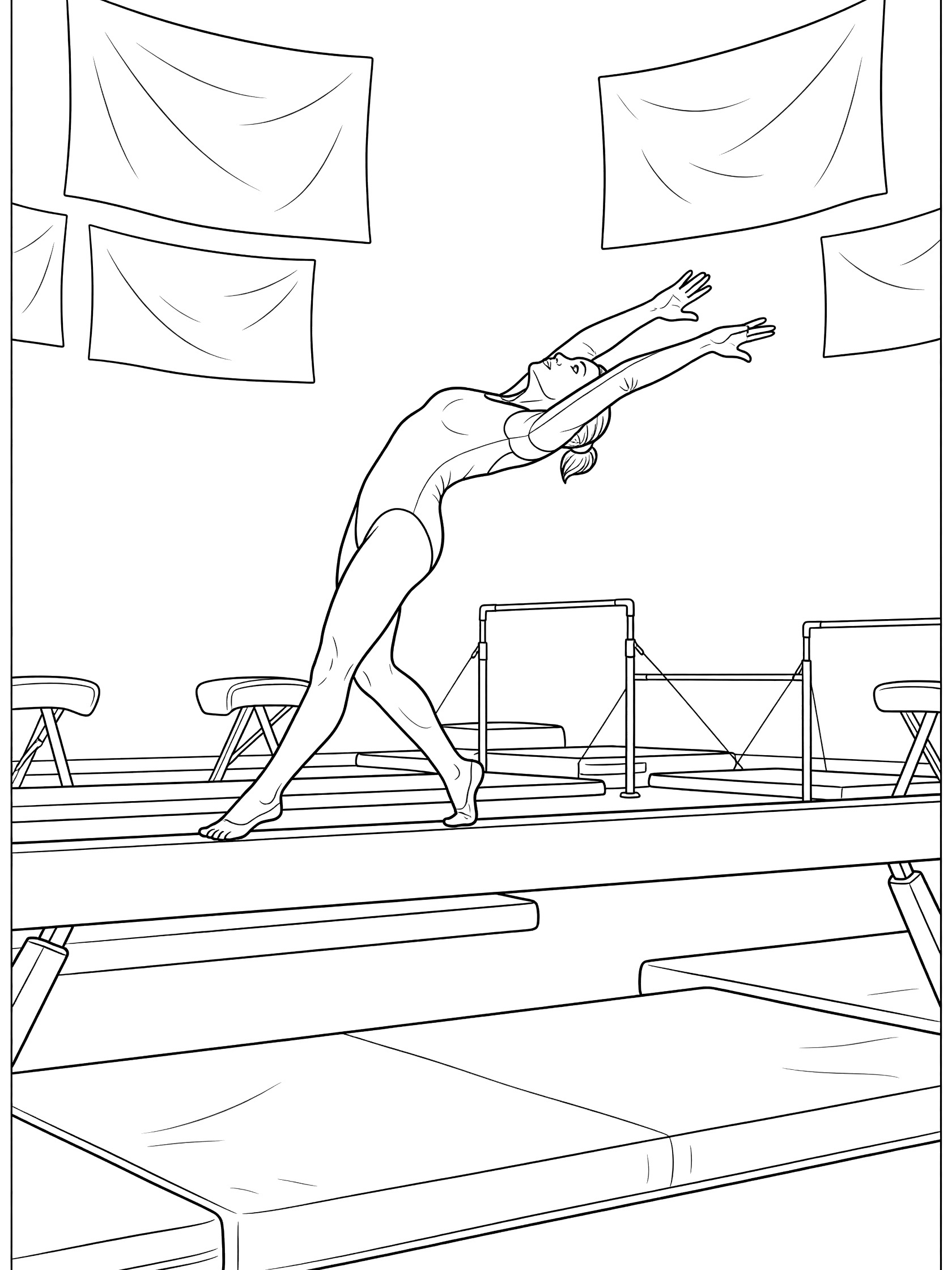 Black and white line art of flexible gymnast in backbend pose on balance beam with gym background, banners, pommel horses, and spotter mats.