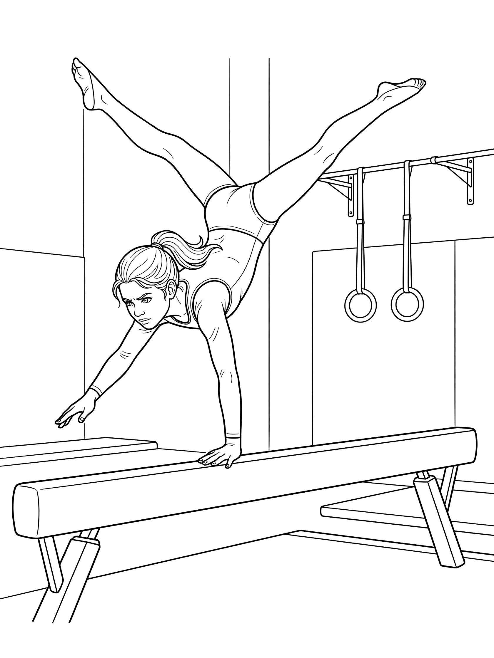 Black and white line art of a determined girl gymnast performing a cartwheel across a balance beam with legs split wide and hands on the beam, gymnastics rings on the wall.