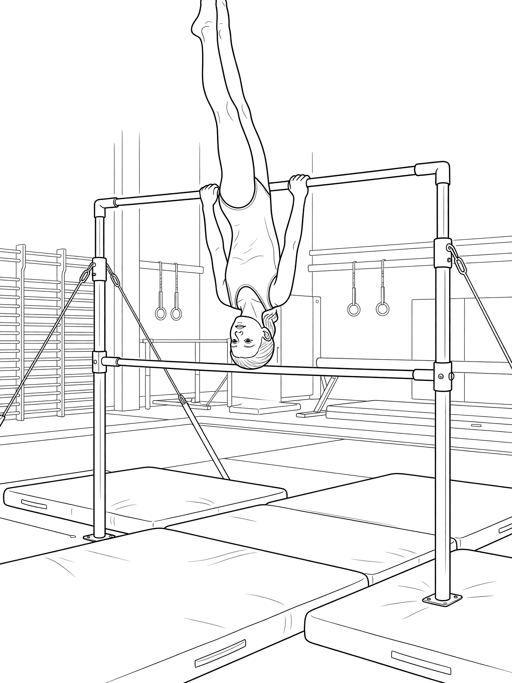 Black and white line art of a young gymnast in cast handstand position on uneven bars with gym mats below.
