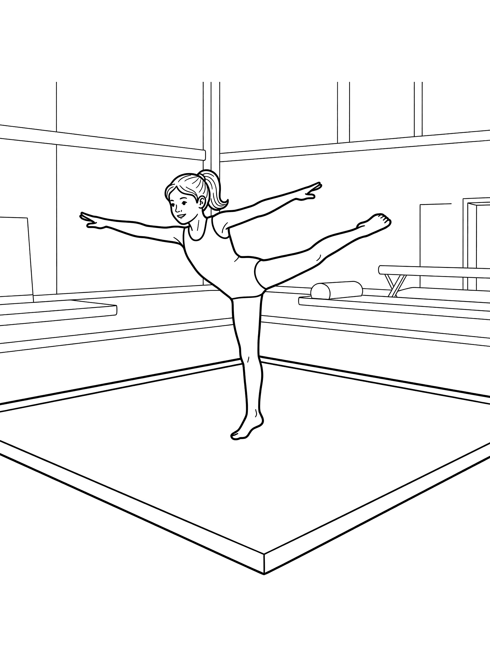 Black and white line art of a girl gymnast mid-cartwheel with one leg up on a square floor exercise mat in a gym