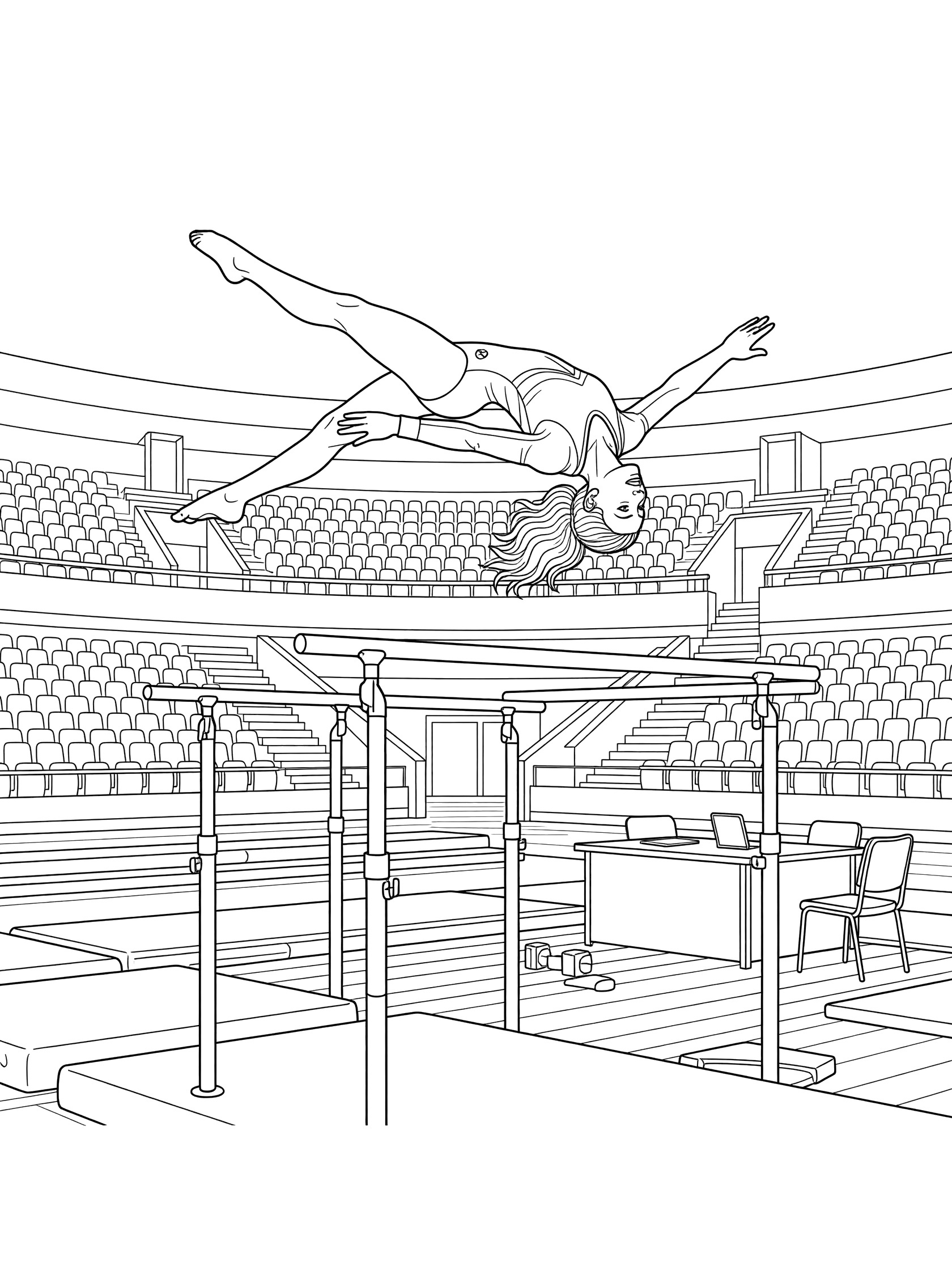 Black and white coloring page of a gymnast flipping off parallel bars in a gym with spectator seats and judges table