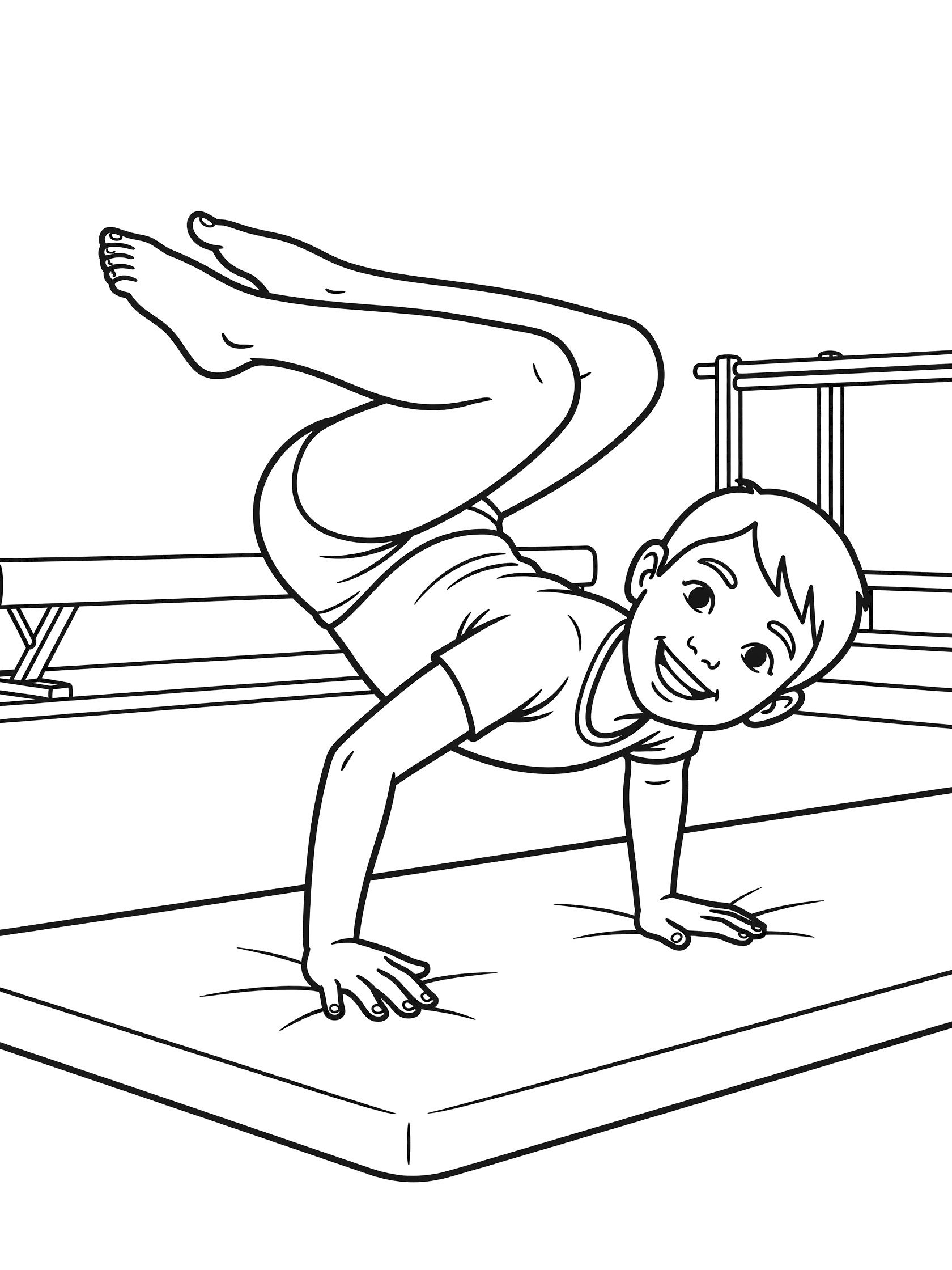 Line art coloring page showing a smiling gymnast boy in tucked forward somersault position with hands and feet on springy floor exercise mat in gym