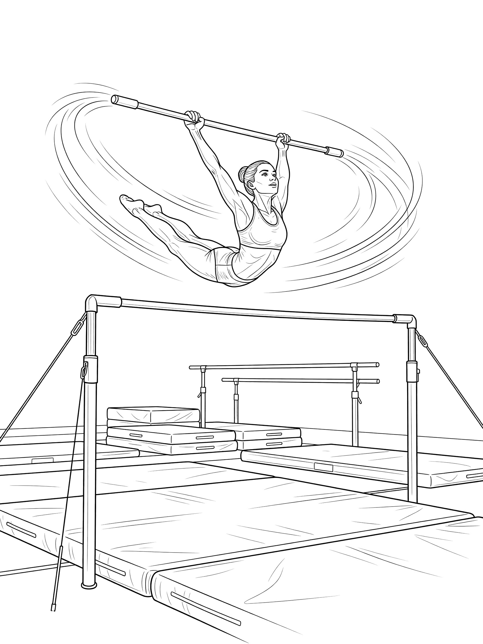 Black and white line art coloring page showing a gymnast in a full giant circle swing around the horizontal bar, body extended, with speed lines, gym mats, spotting blocks and parallel bars in the background.
