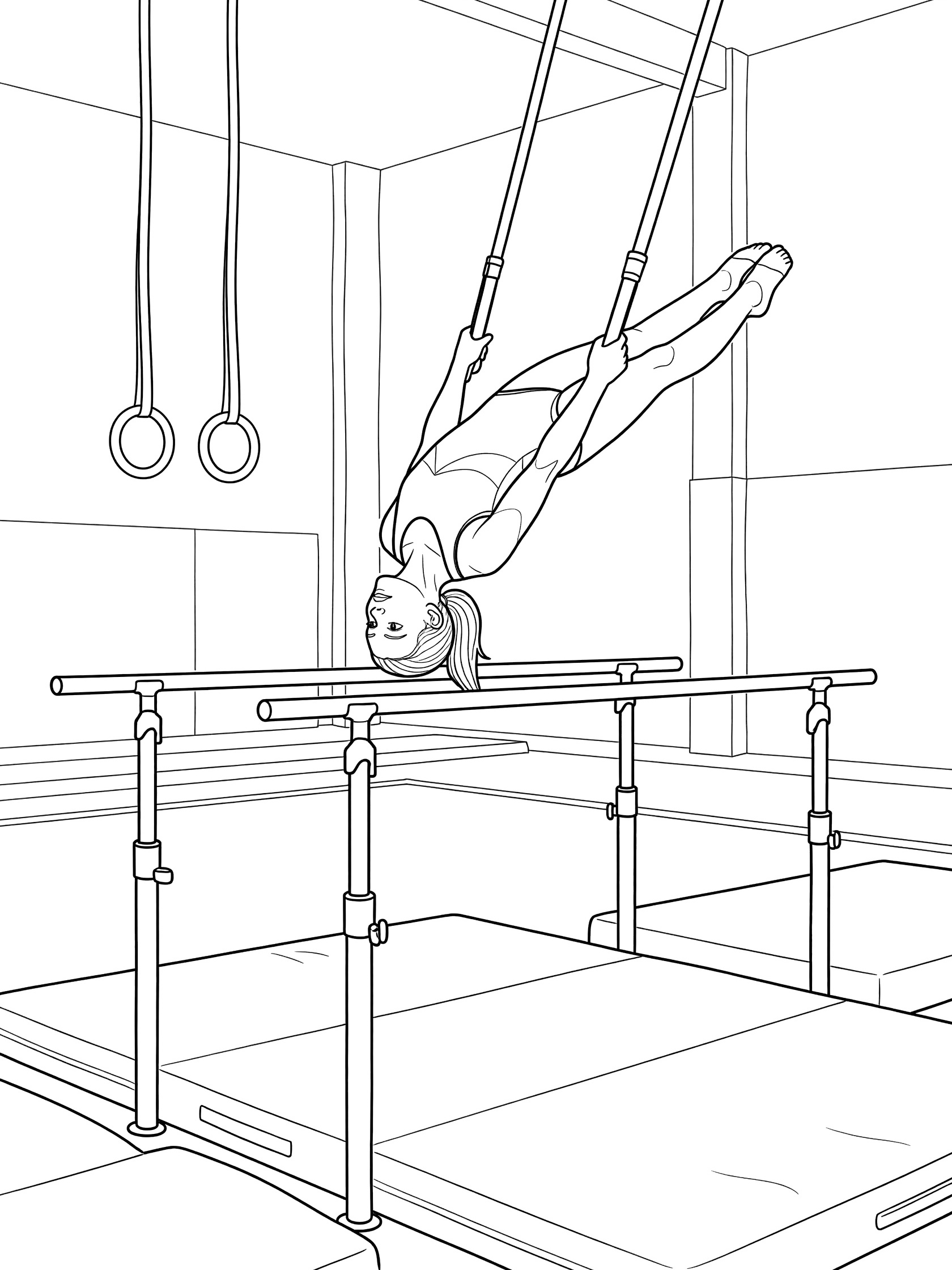 Black and white line art of gymnast performing giant swing high on parallel bars with gymnastics rings and floor mats in indoor gym.