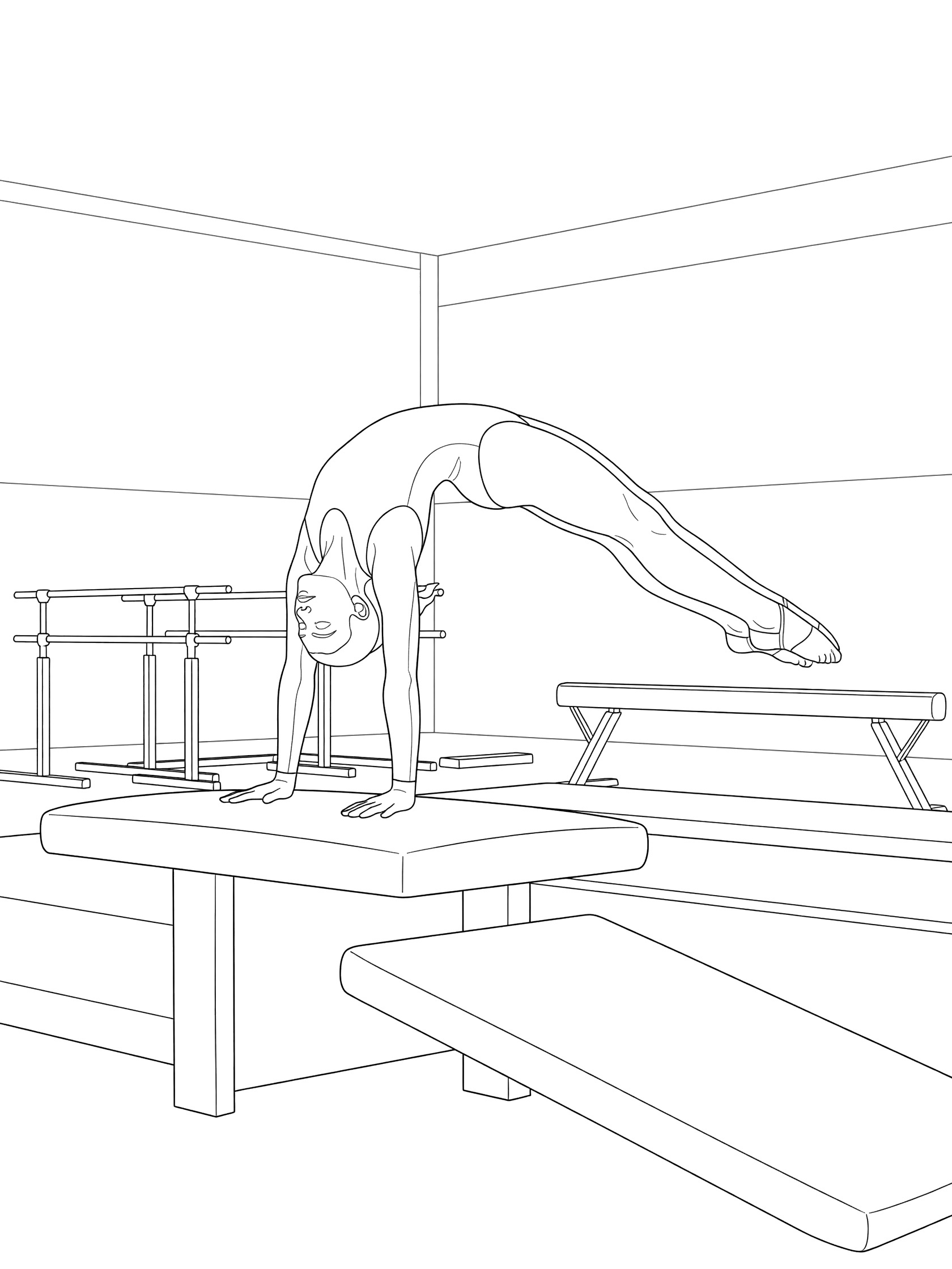 Black and white line art of a female gymnast in mid-handspring over a vaulting table, hands on top, legs extended, with gym mats and bars nearby.