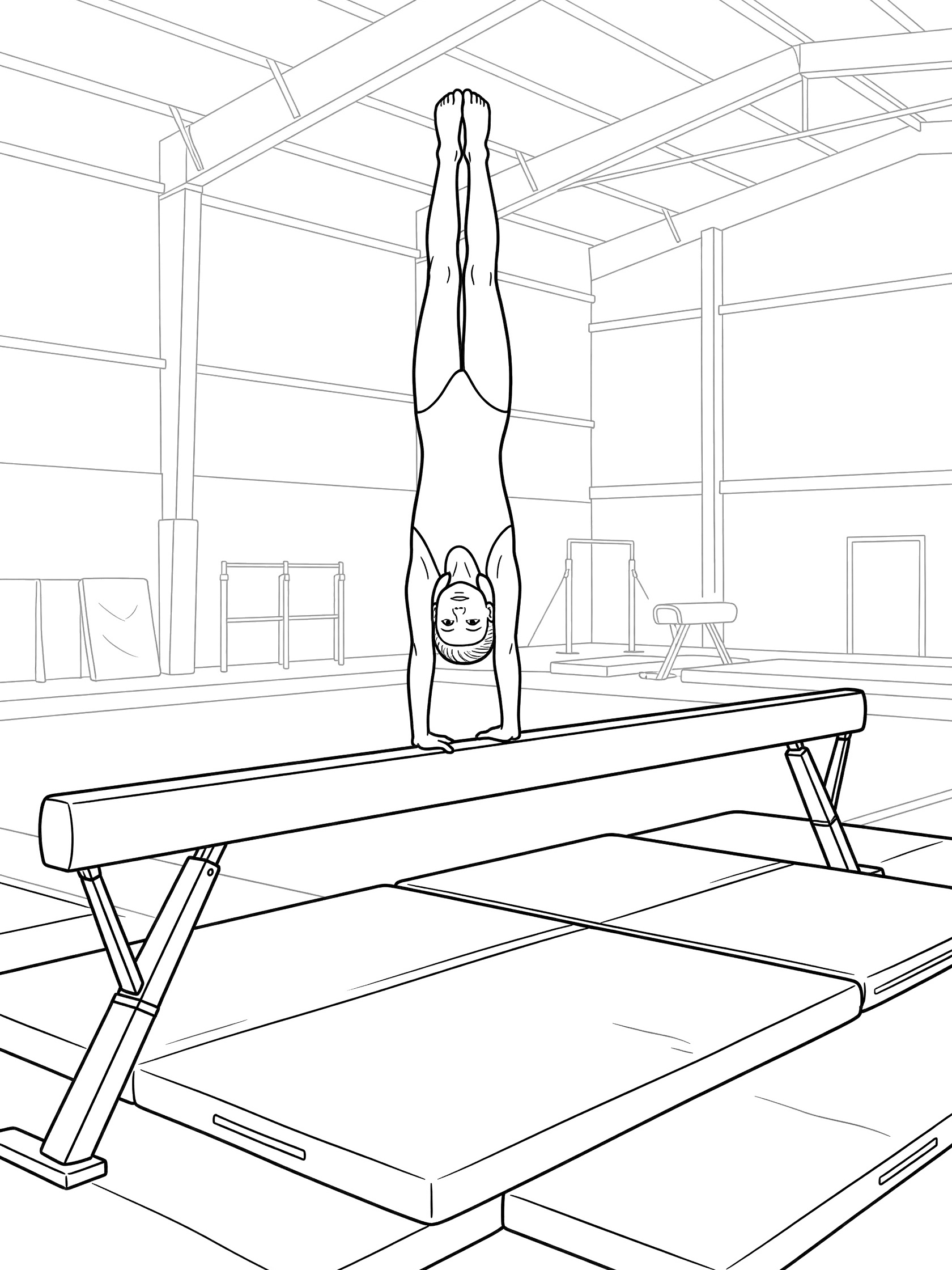 Black and white line art of a girl gymnast in handstand on narrow balance beam with gym mats below