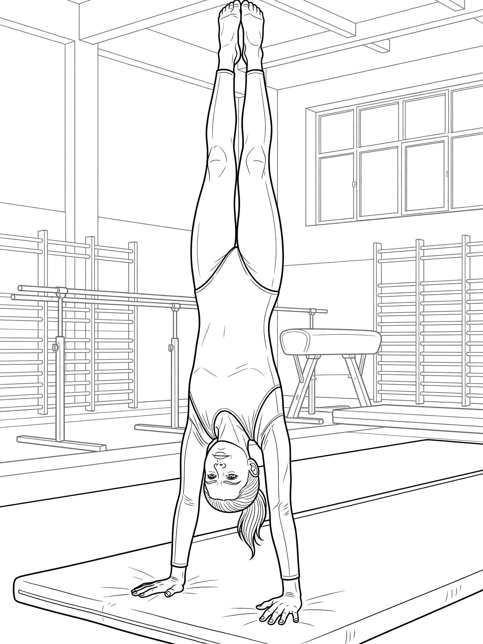 Line art coloring page showing a female gymnast in a handstand pose on the edge of a floor exercise mat with gym background