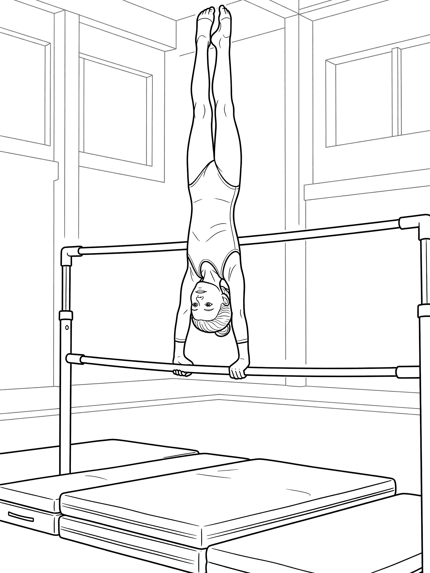 Black and white line art of a female gymnast balancing in a handstand upside down on a horizontal bar, wearing a leotard, in a gym with protective floor mats.