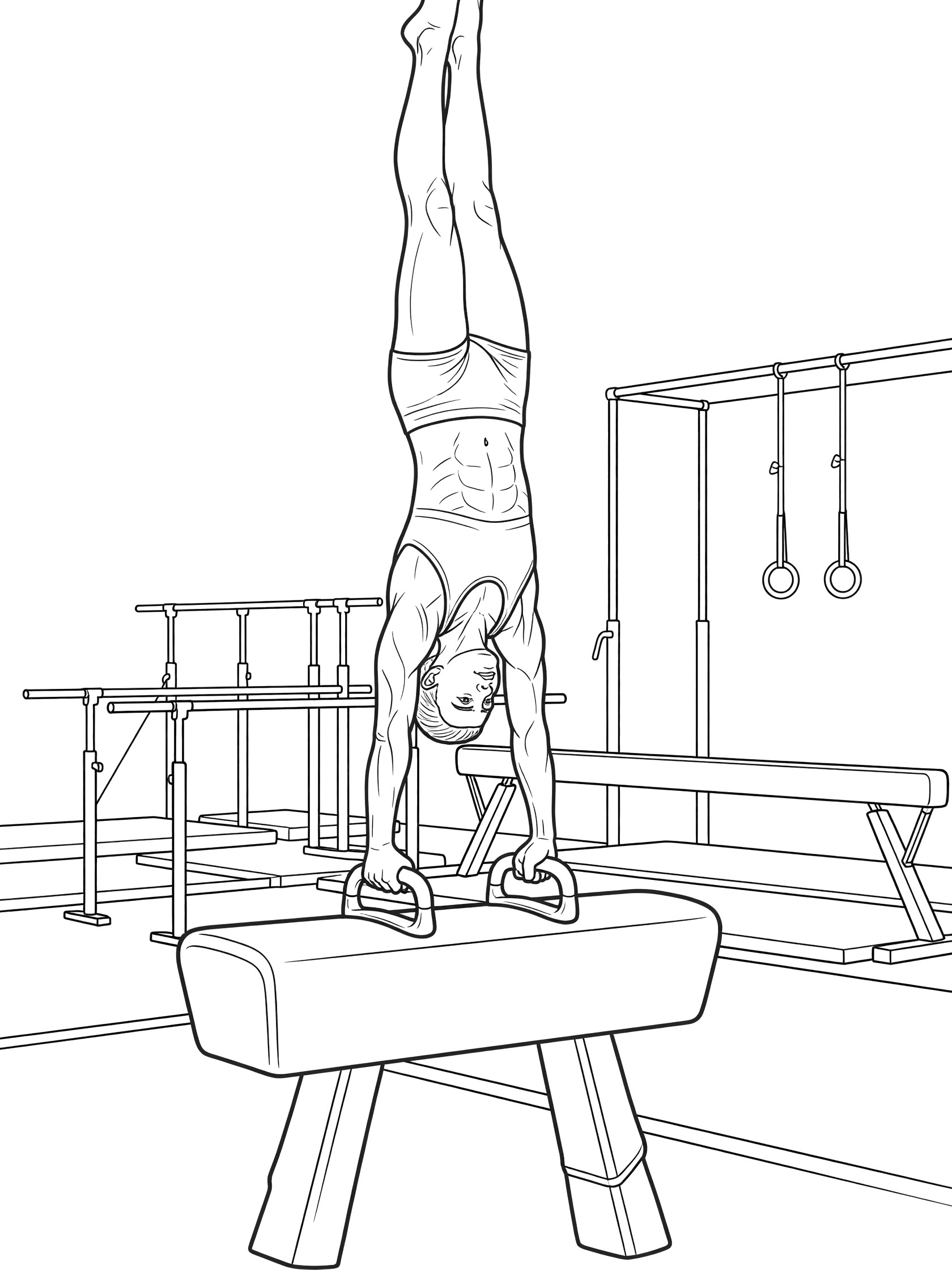 Black-and-white coloring page of a gymnast in handstand position on pommel horse with gym background