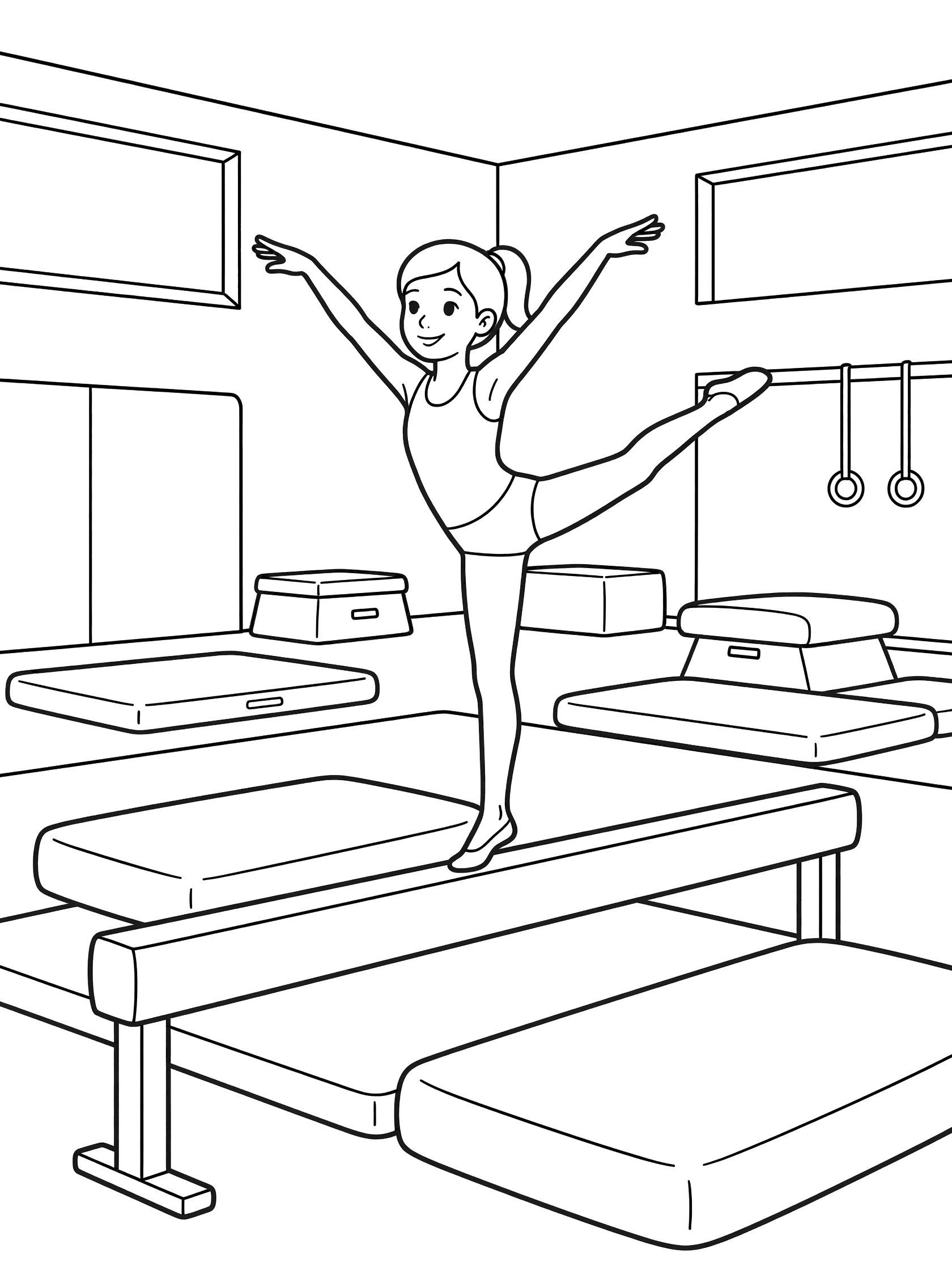Black and white line art of young gymnast doing arabesque on balance beam surrounded by gym mats