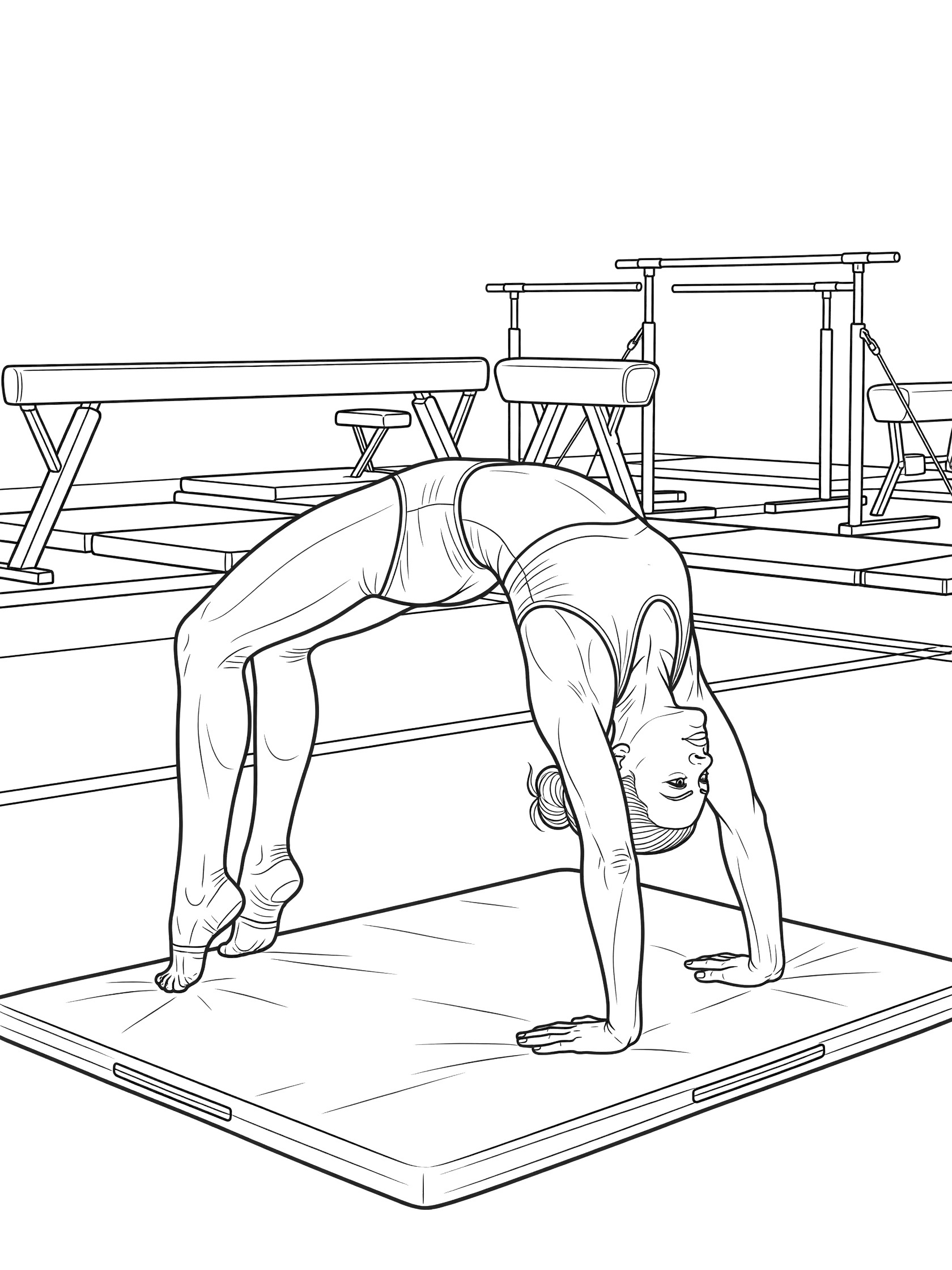 Black and white line art of a flexible gymnast in deep bridge pose on floor exercise mat with gym equipment in background