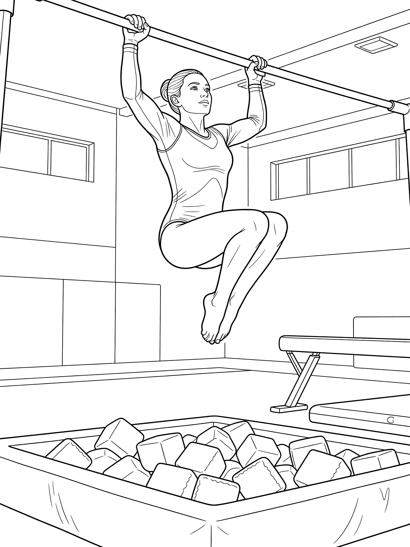 Black and white line art of female gymnast swinging up with legs tucked to grip the horizontal bar, foam pit and balance beam in the background.