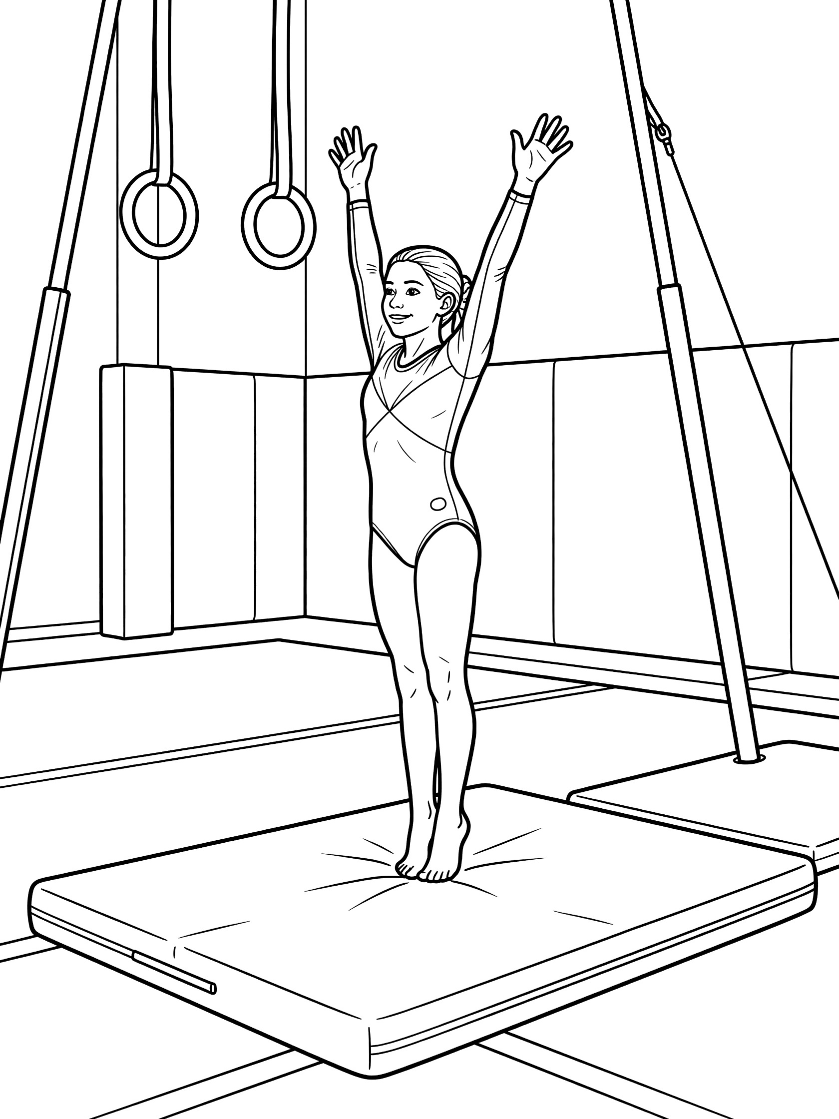 Black and white line art of a female gymnast landing from still rings on a thick mat, arms up in victory, leotard and gym setting.